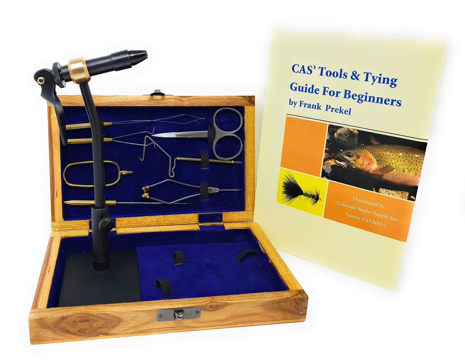Fly Tying Standard Tool Kit Wooden Box Book Rotary Vise Bobbin Scissors Whip