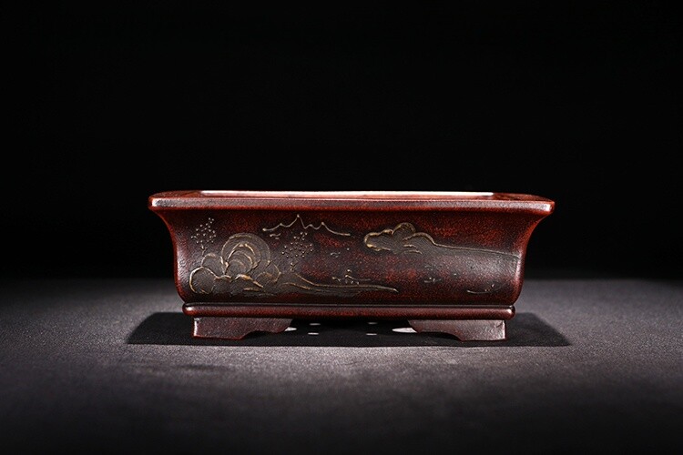 7.9in Chinese Vintage Painting Yixing Zisha Clay Planter, Handmade Orchid Bonsai