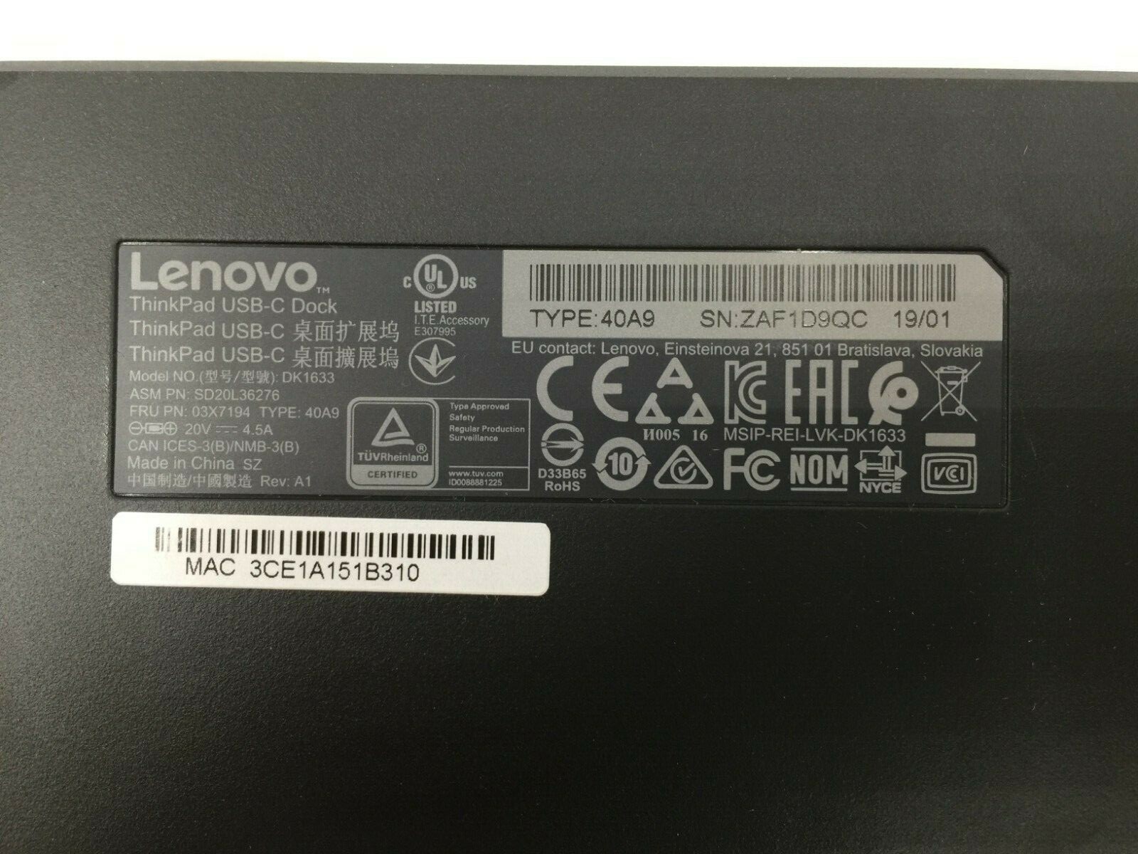 Lenovo ThinkPad USB-C Docking Station WITHOUT Adapter - 40A9 DK1633 SD20L36276