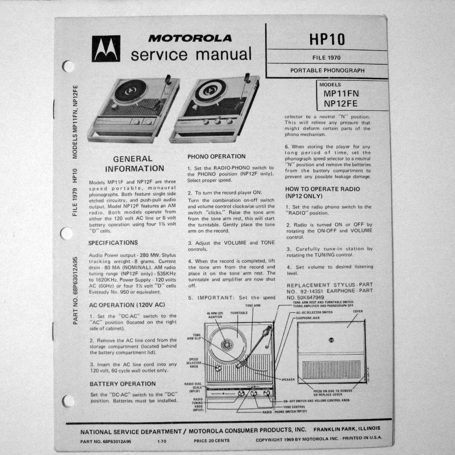 Motorola ® Models MP11FN NP12FE Portable Record Player Service Manual © 1969