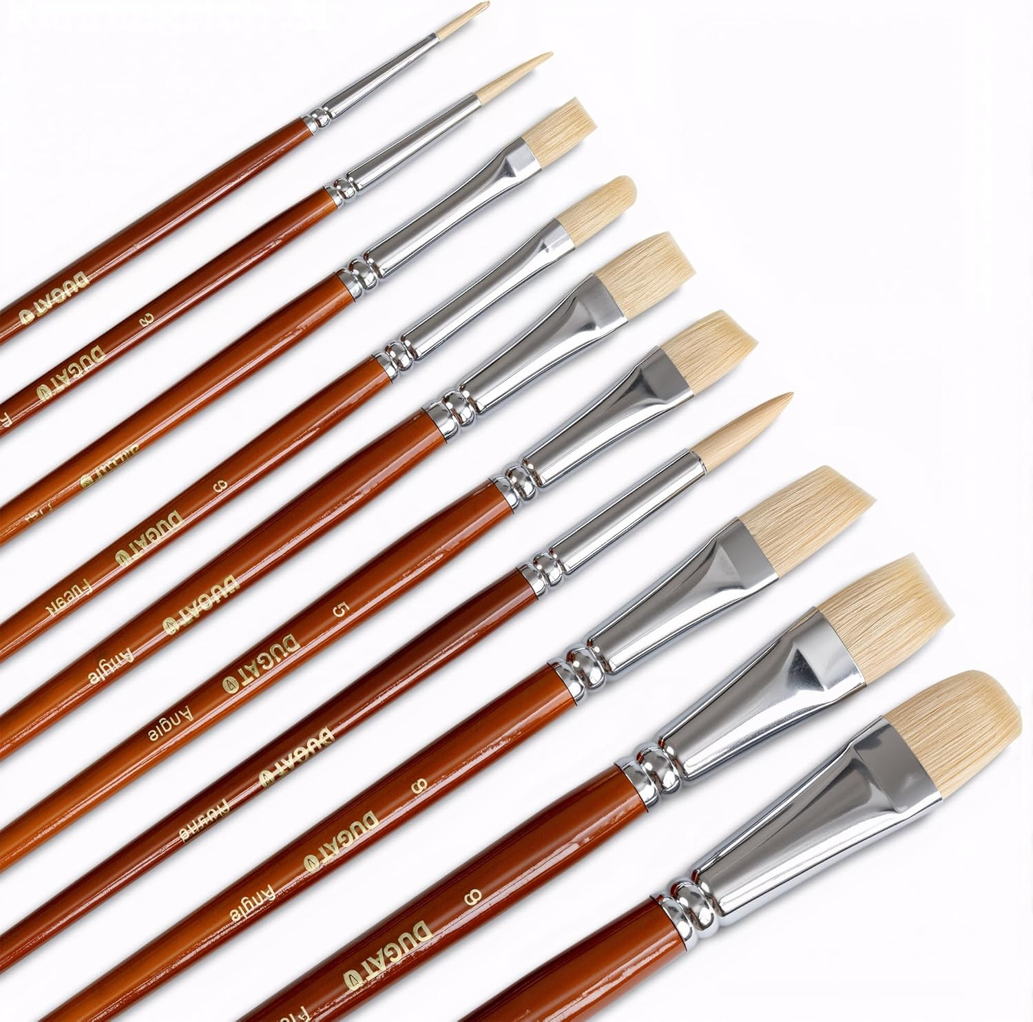 Professional Hog Bristle Filbert Oil Paint Brushes Set, 10pcs Long Wooden Handle