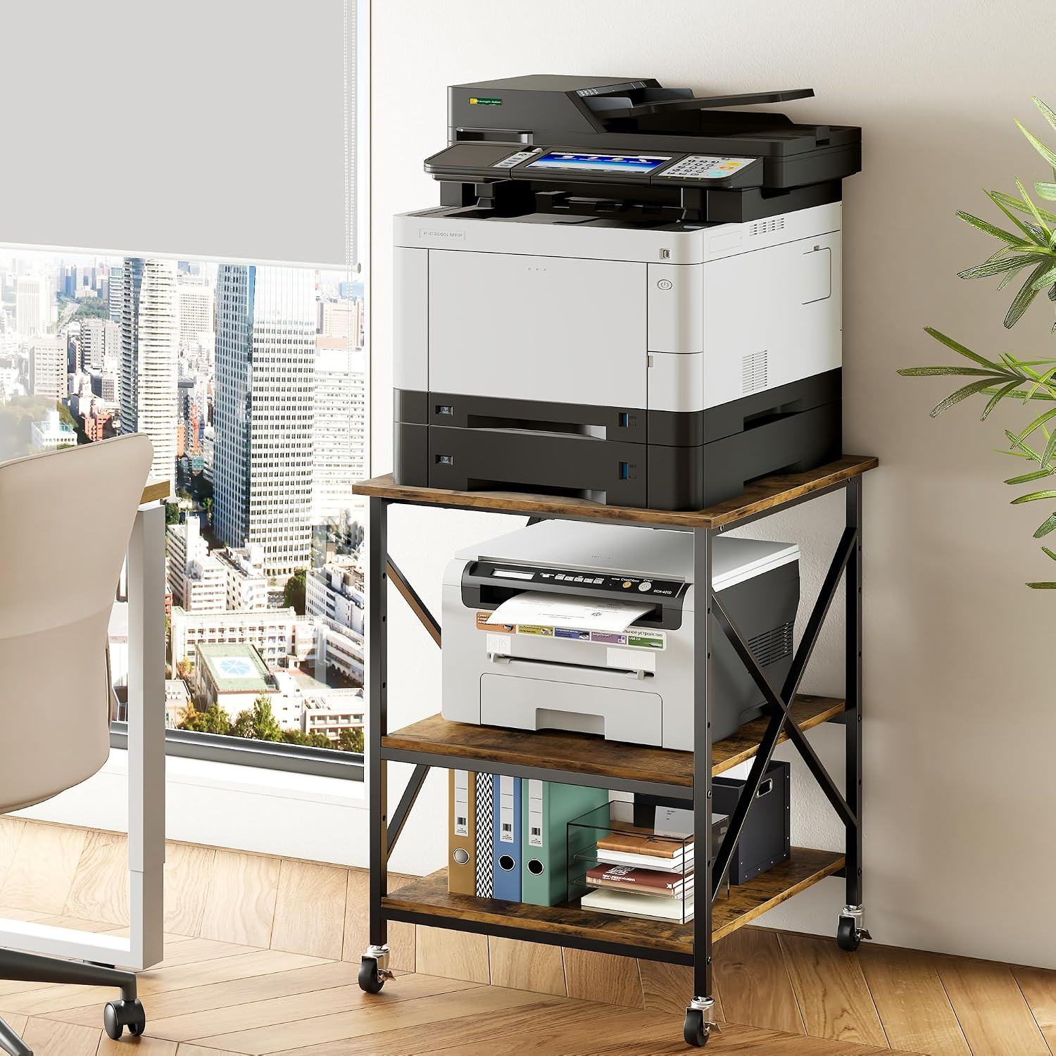 24"X24"X30" Large Printer Stand with Storage, 3 Tier Rolling Printer Cart Table,