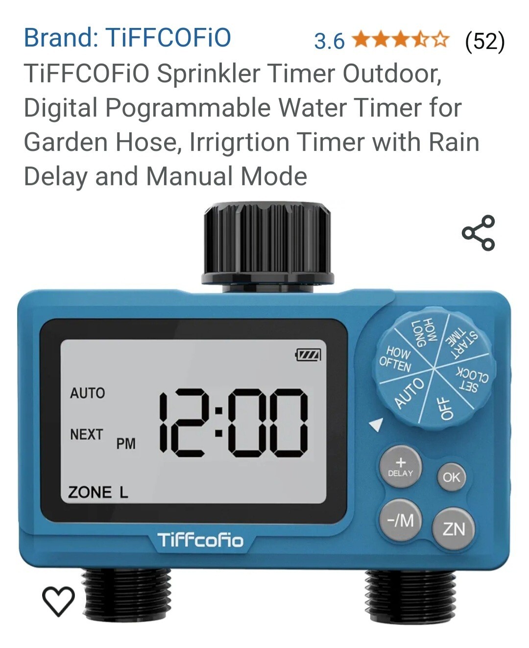 TIFFCO Programmable Water Sprinkler Timer w/ Brass Inlet & Outlet, 2 Zone - OH-T