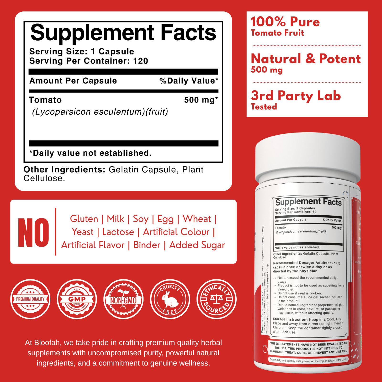 Bloofah Lycopene Tomato Fruit Powder Capsules 500mg | 120 Count | Clean Label