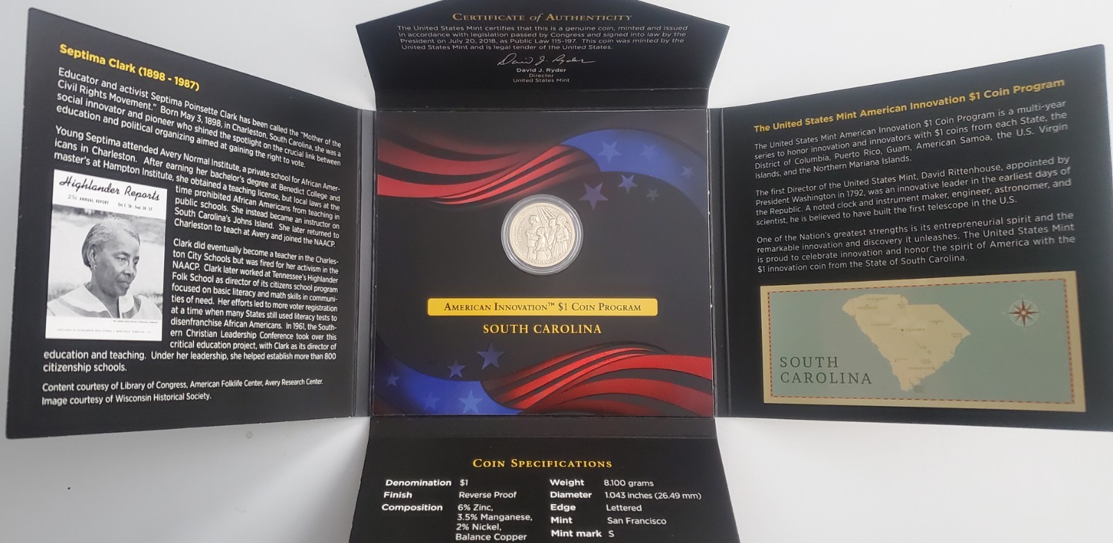 2020 South Carolina: $1 Reverse Proof AMERI INNOVATION +Free Gift Black History