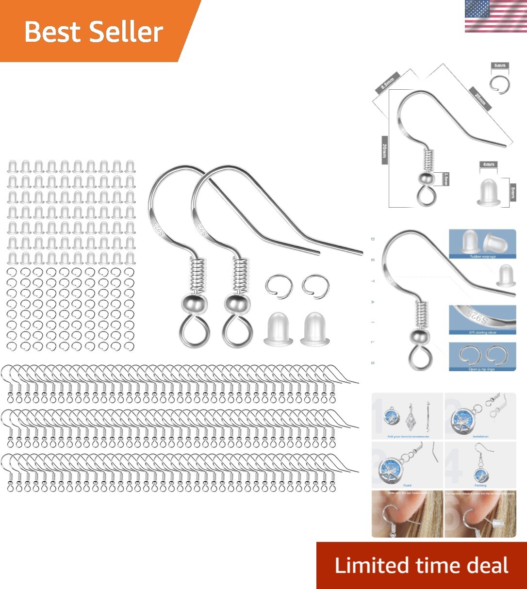 925 Sterling Silver Hypoallergenic Earring Hooks Kit - 750PCS Jewelry Making Set