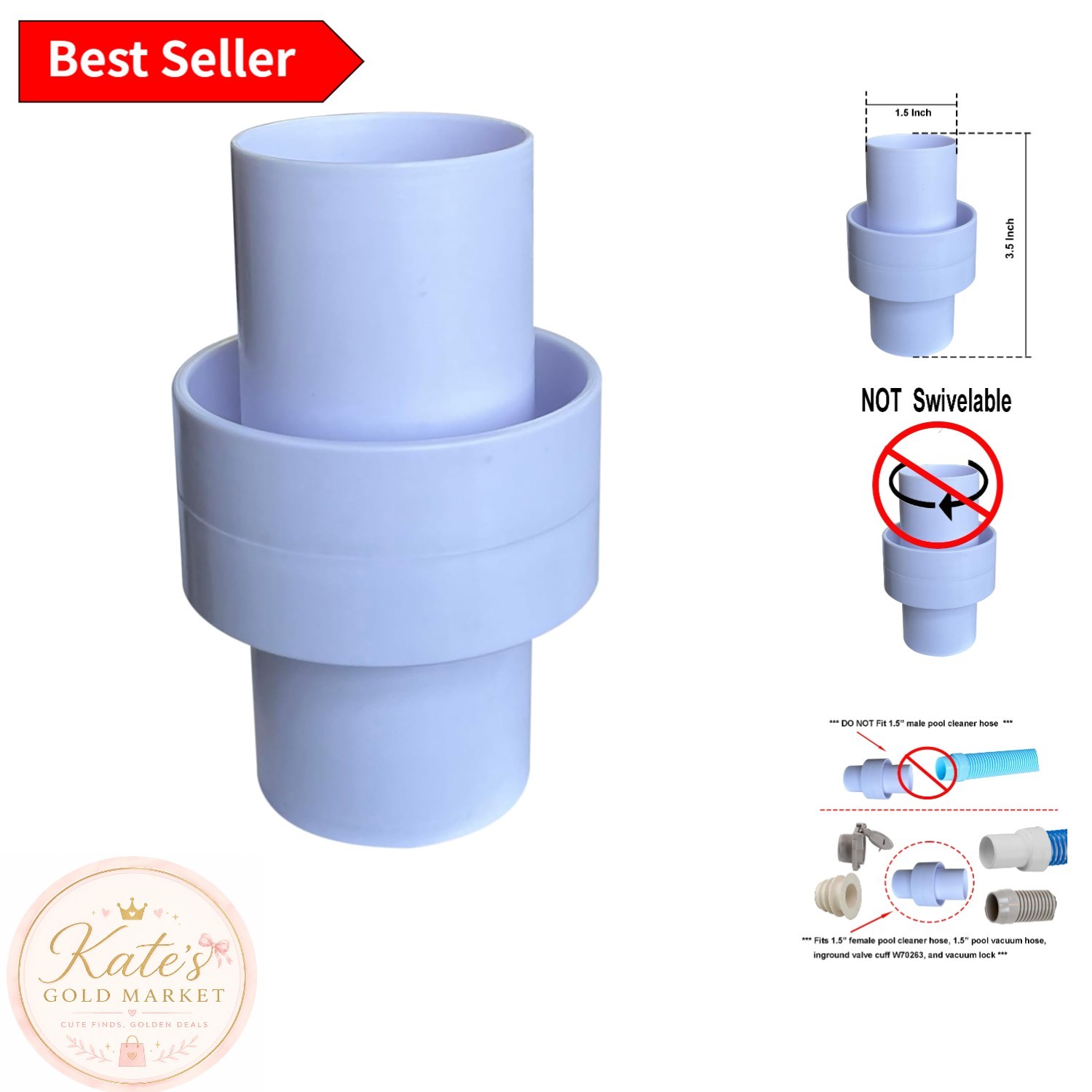 1.5" Plastic Pool Cleaner Hose Connector - Non-Swiveling Design for Easy Use
