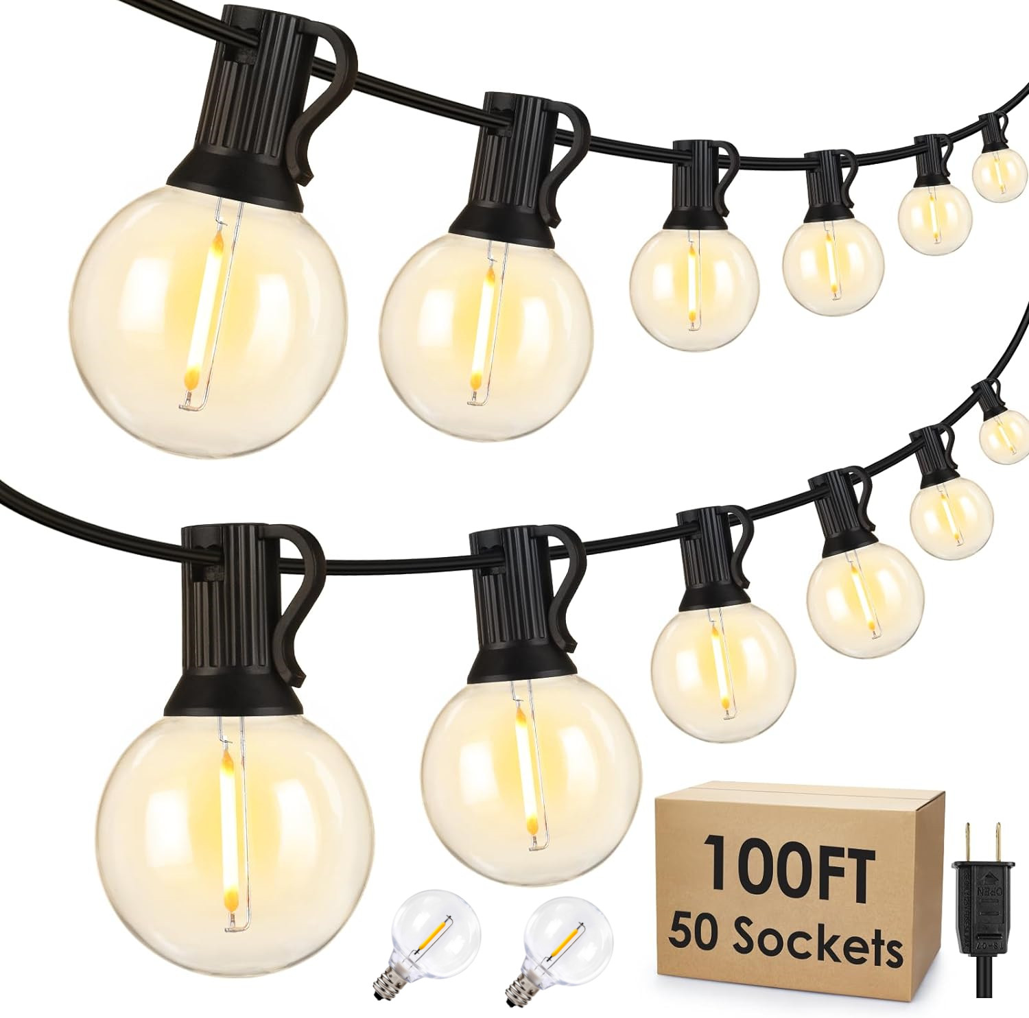 100 Ft Solar String Lights Outdoor Patio 50+2 LED Bulbs Bistro Wedding Christmas