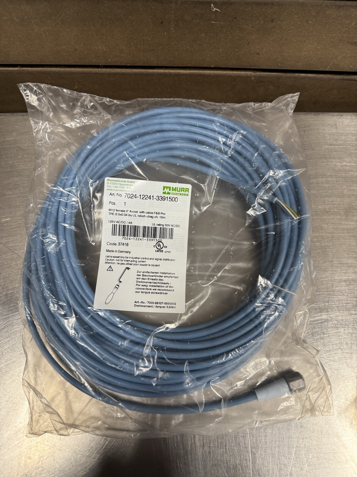 Murr Elektronik 7024-12241-3391500 Cable M12 axial female to pigtail 15m - New