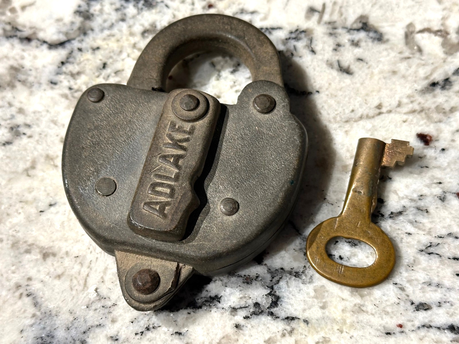 ADLAKE Antique Salvaged Lock w/ Brass Key Vintage Heavy Duty Made in USA