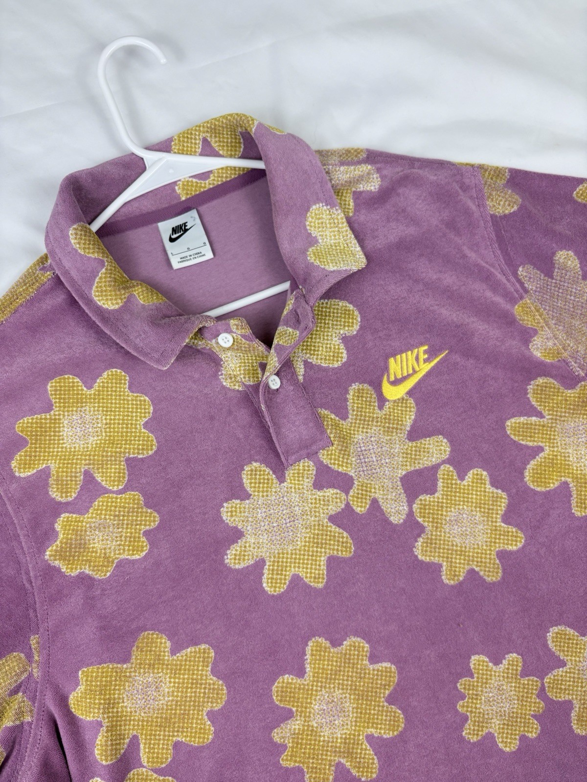 Nike Mens L Floral Purple Yellow Terry Polo Shirt Swoosh Streetwear Hip Hop