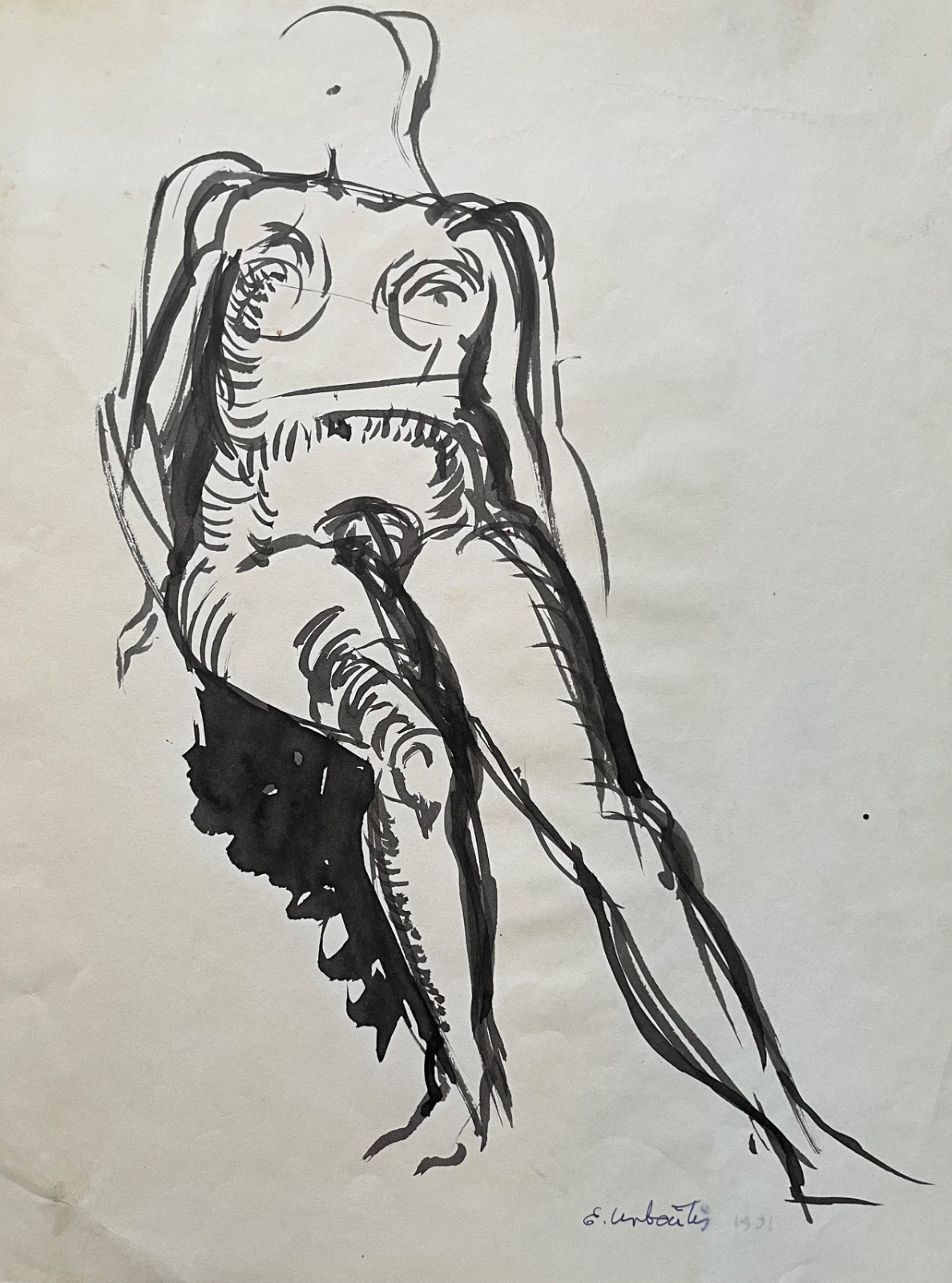 Lithuanian Elena Urbaityte mix media on paper 1991 sketch nude