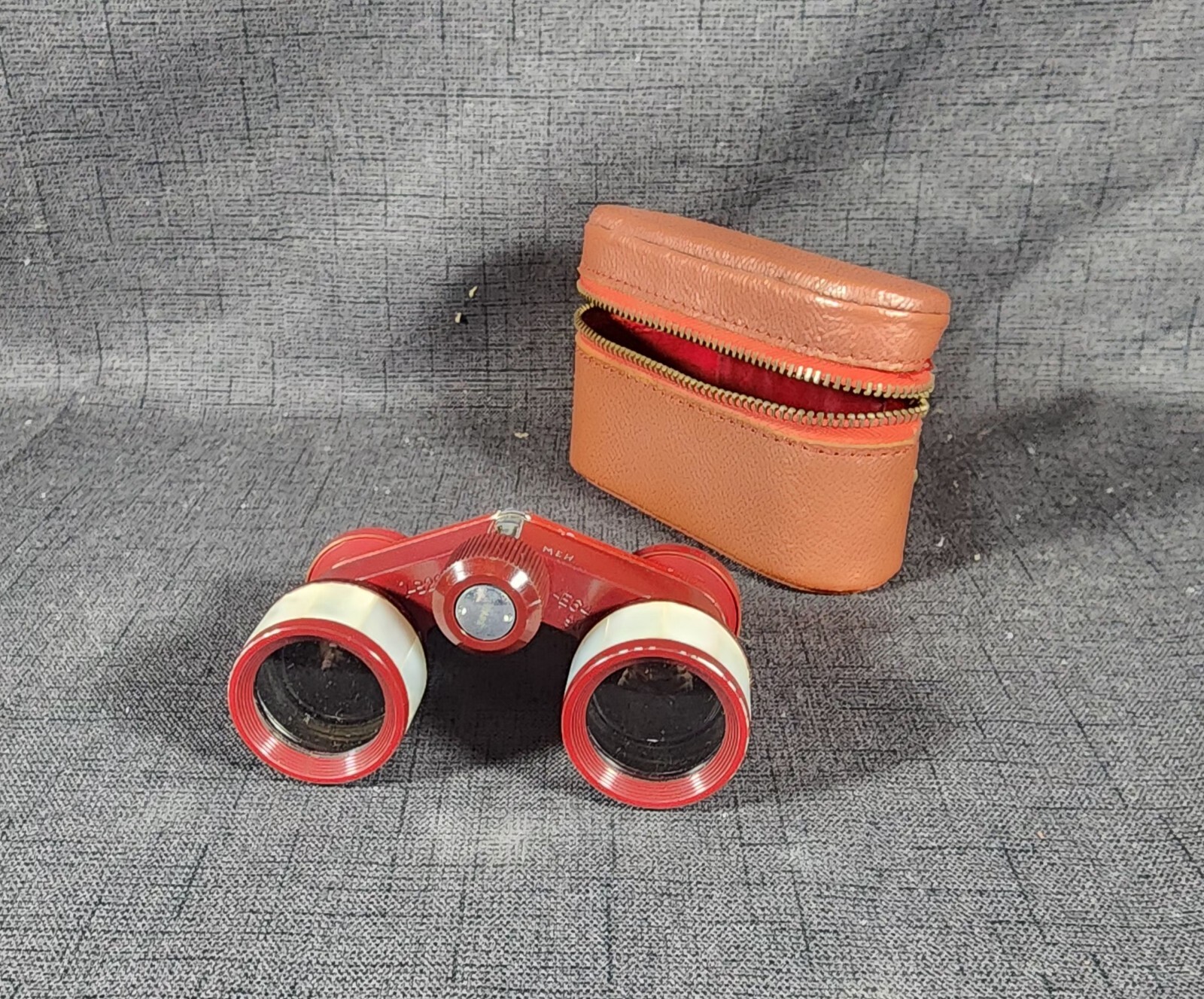 Opera Binoculars Red W/Mother Of Pearl Shrine Mannon Case Incl  Vtg
