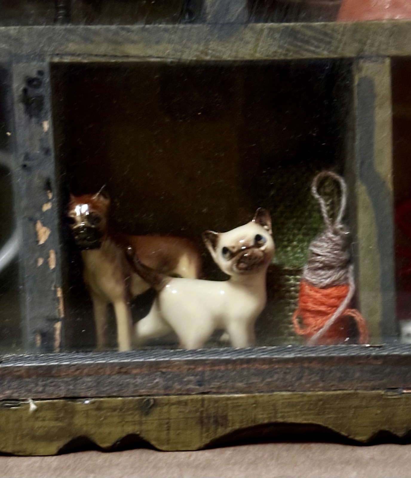 VTG Wooden Capistrano Shadow Box-Swallows Cat Dog Iron Holly Hobbie Rx Dice Bell