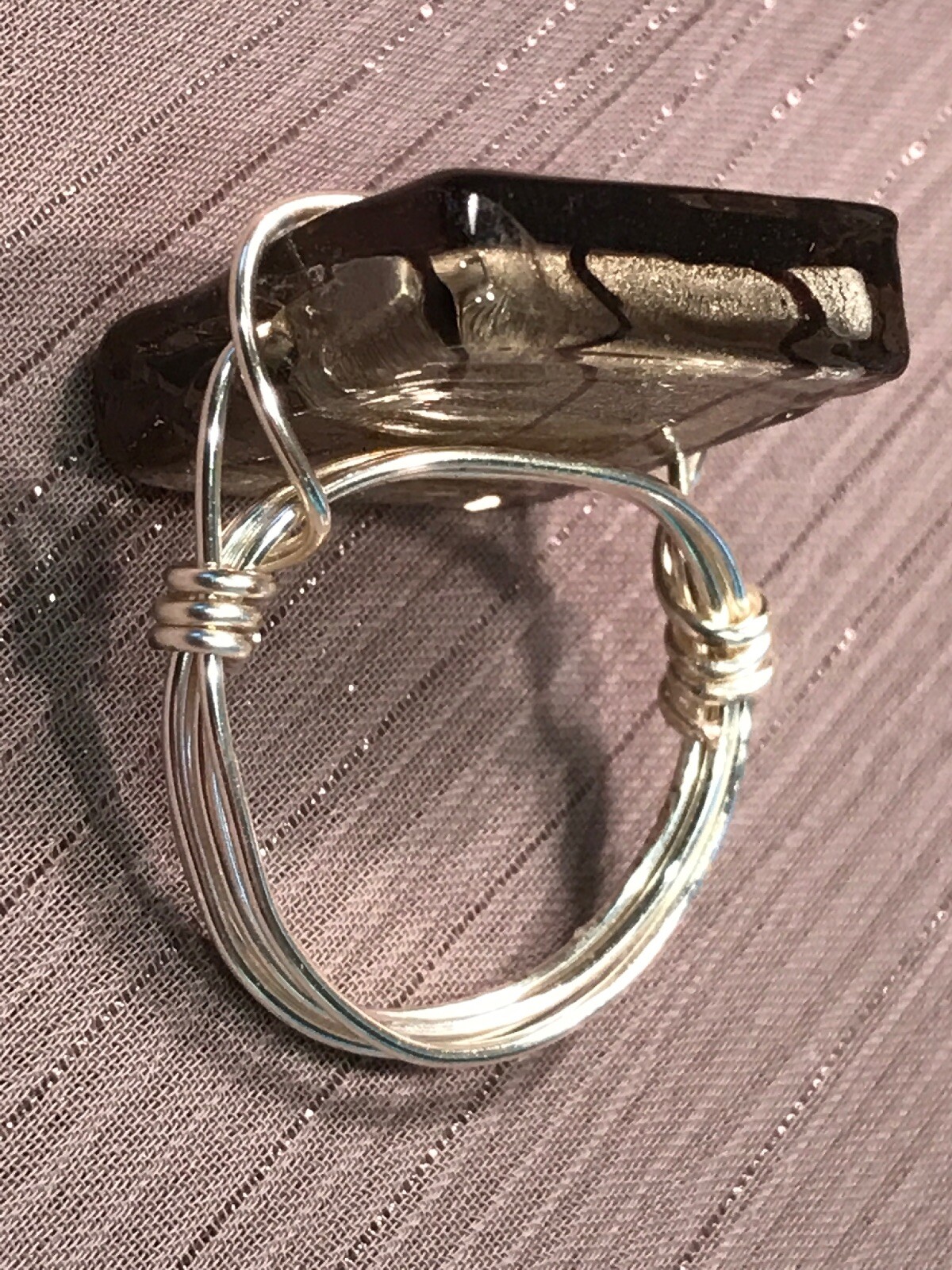 Handmade Artisan Craft Wire Non Tarnish Silver Ring Sq. Large Grey Bead Size 9