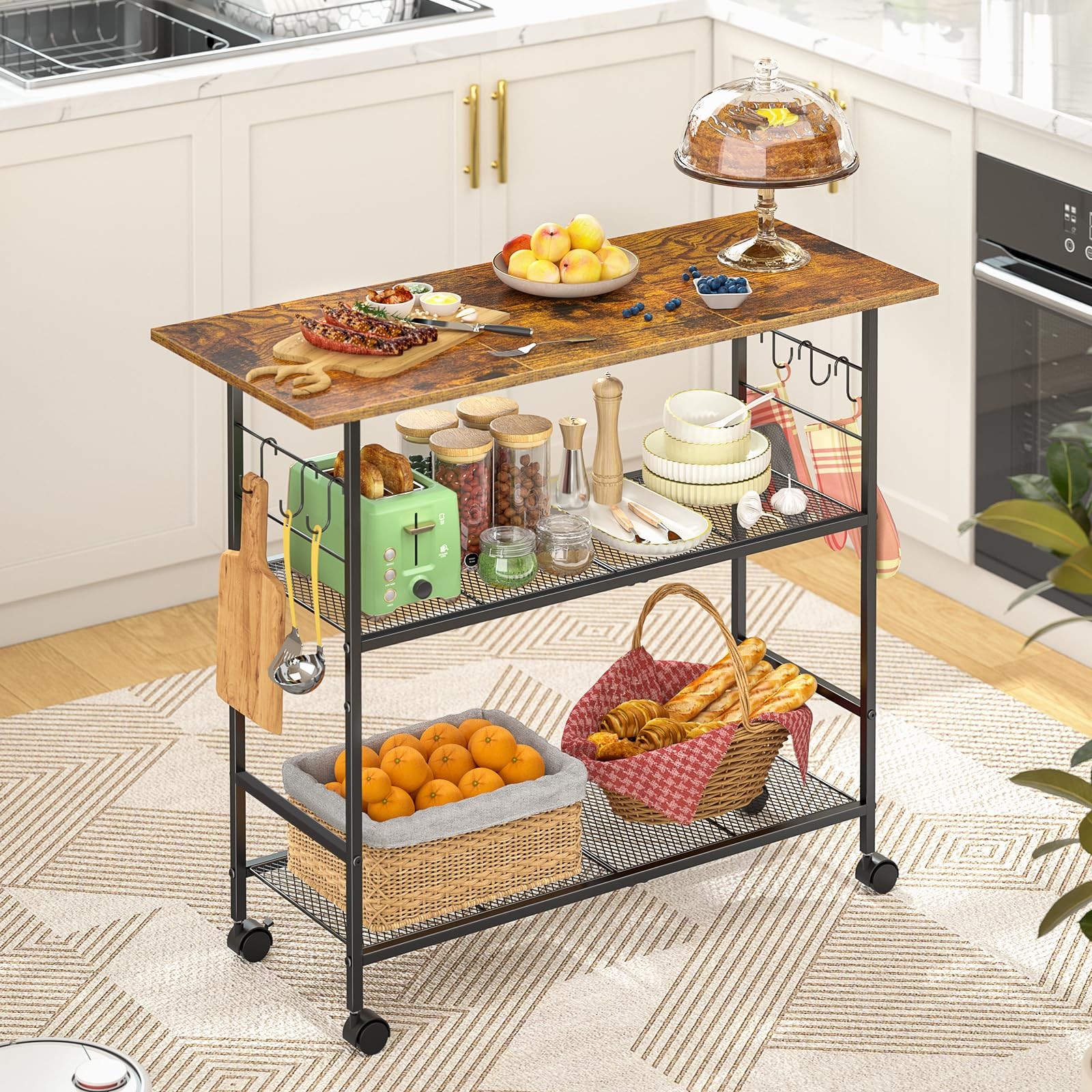 Kitchen Island with 3 Shelves, Rolling Kitchen Cart with 6 Hooks and Protecti...