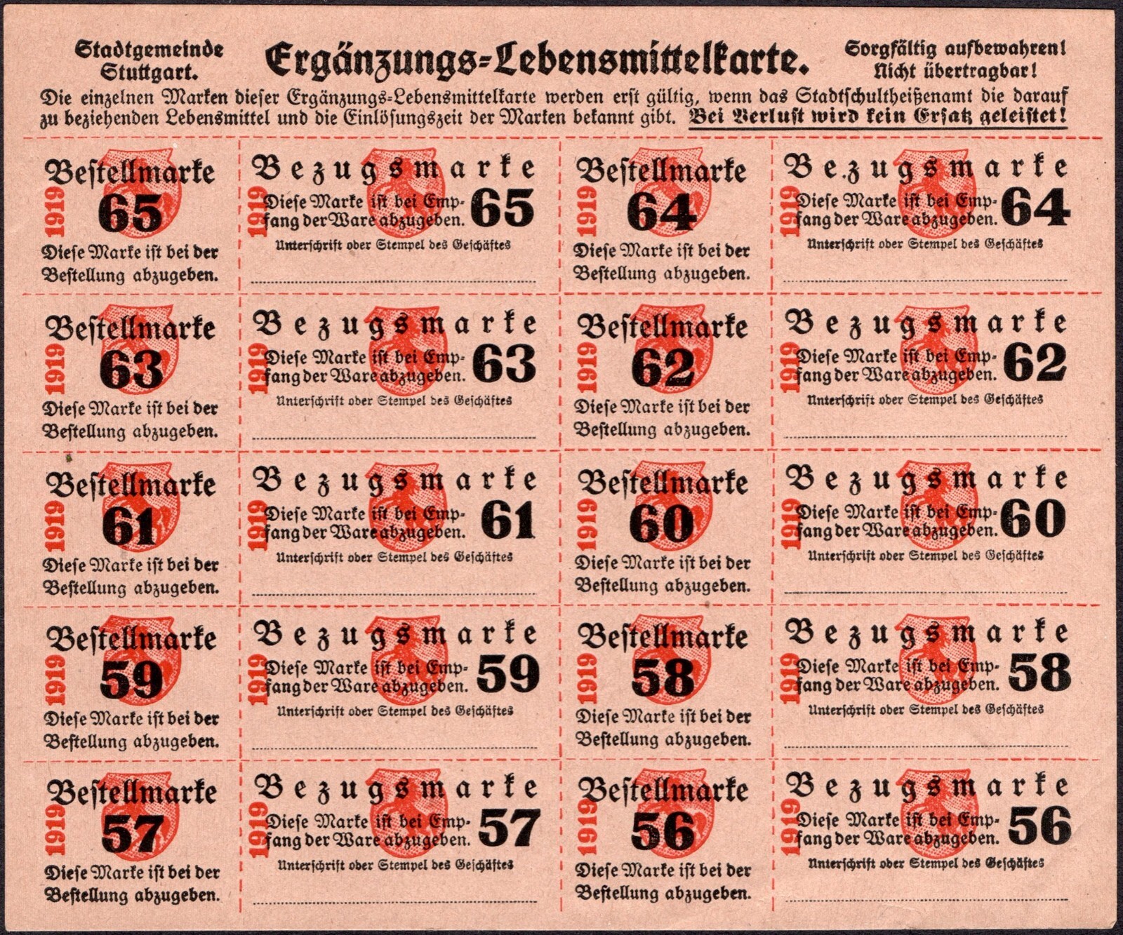 Food Rations coupon (Bezugsmarke) - 1919 -WWI - Germany / STUTTGART - "K9"