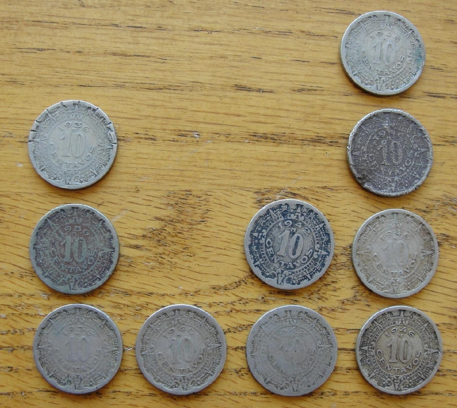 10 Lot Coins Mexico 10 Centavos 1936, 1940, 1942, 1946
