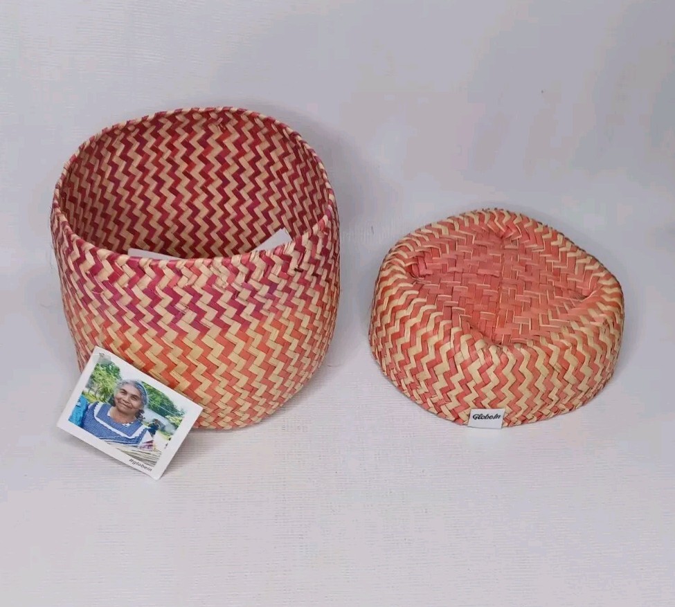 Globe In Handcrafted Woven Palm Leaf Basket With Lid