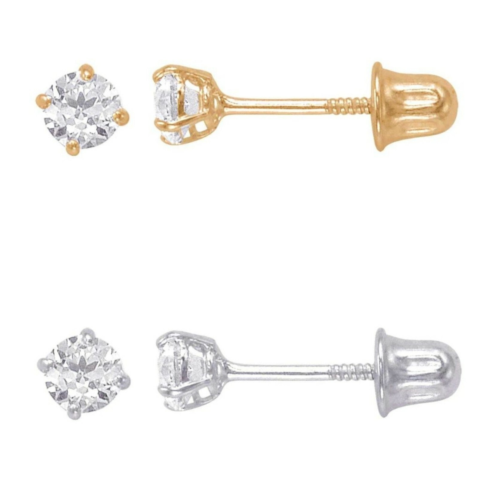 Genuine Diamond Stud Screw Back Earrings - 14k Yellow or White Gold in Gift Box