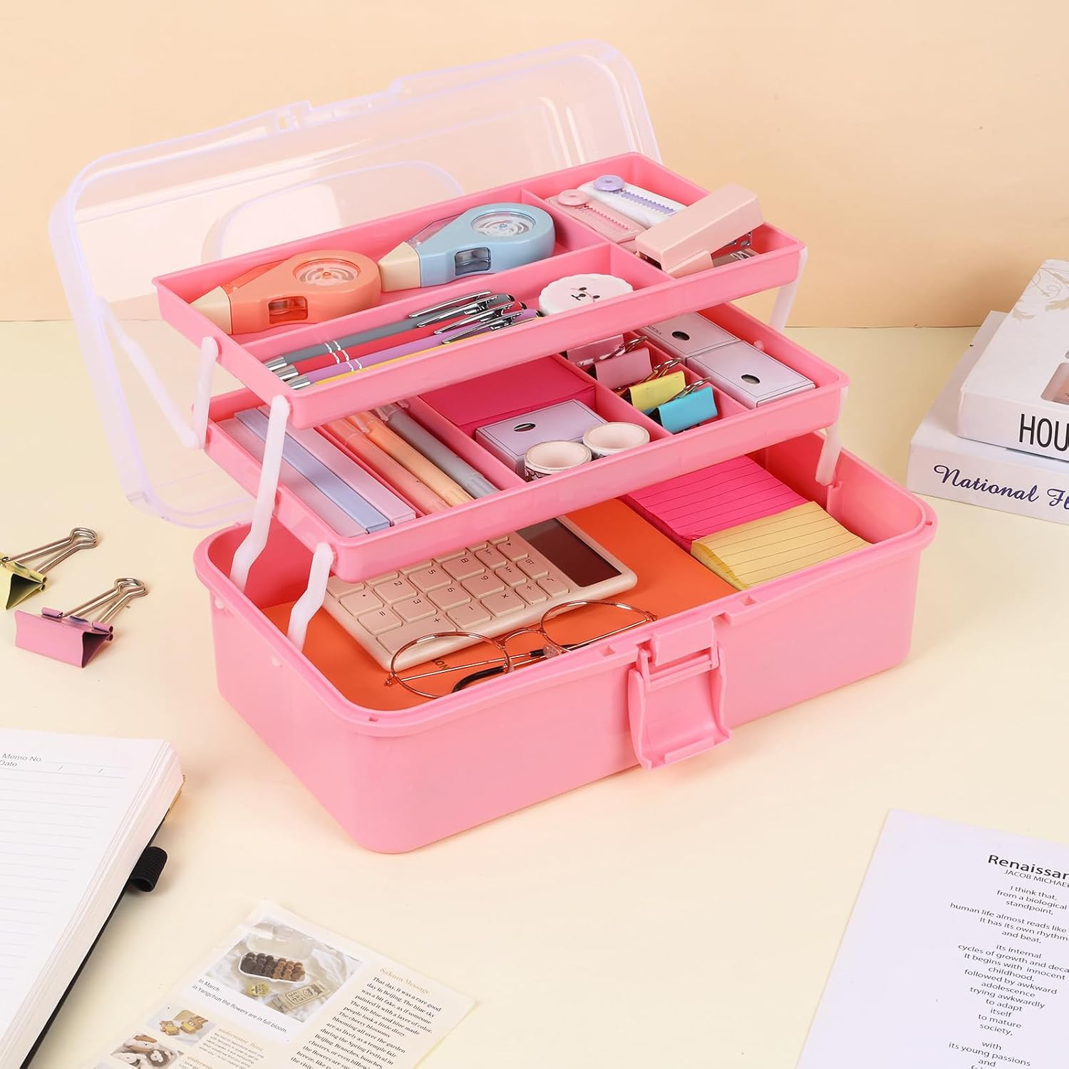 Hair Accessories Box,3-Layer Craft Tackle Art Tool Organizer Pink | 3-Layer Fold