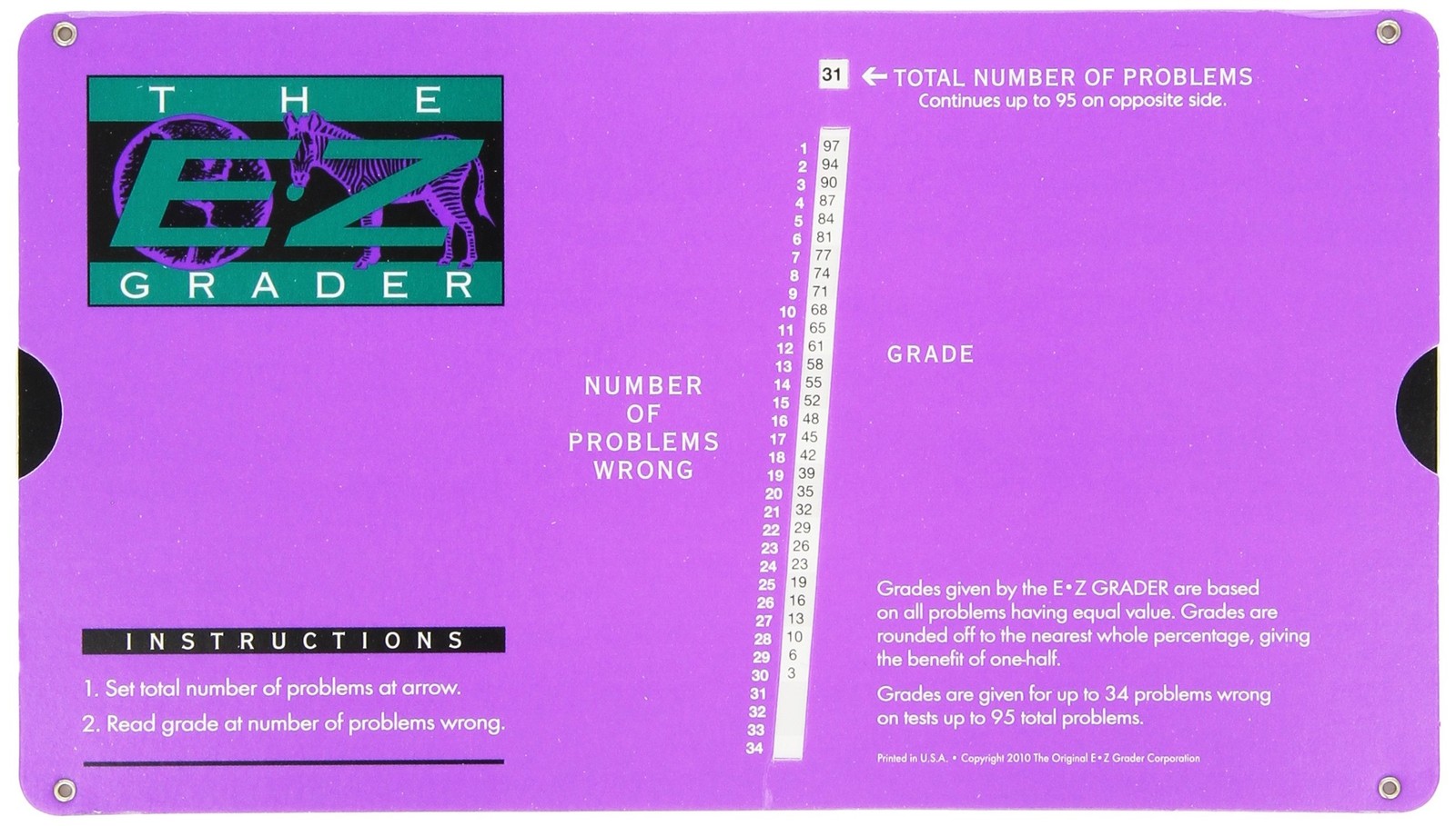 Grading Calculator - E-Z Grader Teacher's Aid Scoring Chart (Purple) - 8-1/2"...