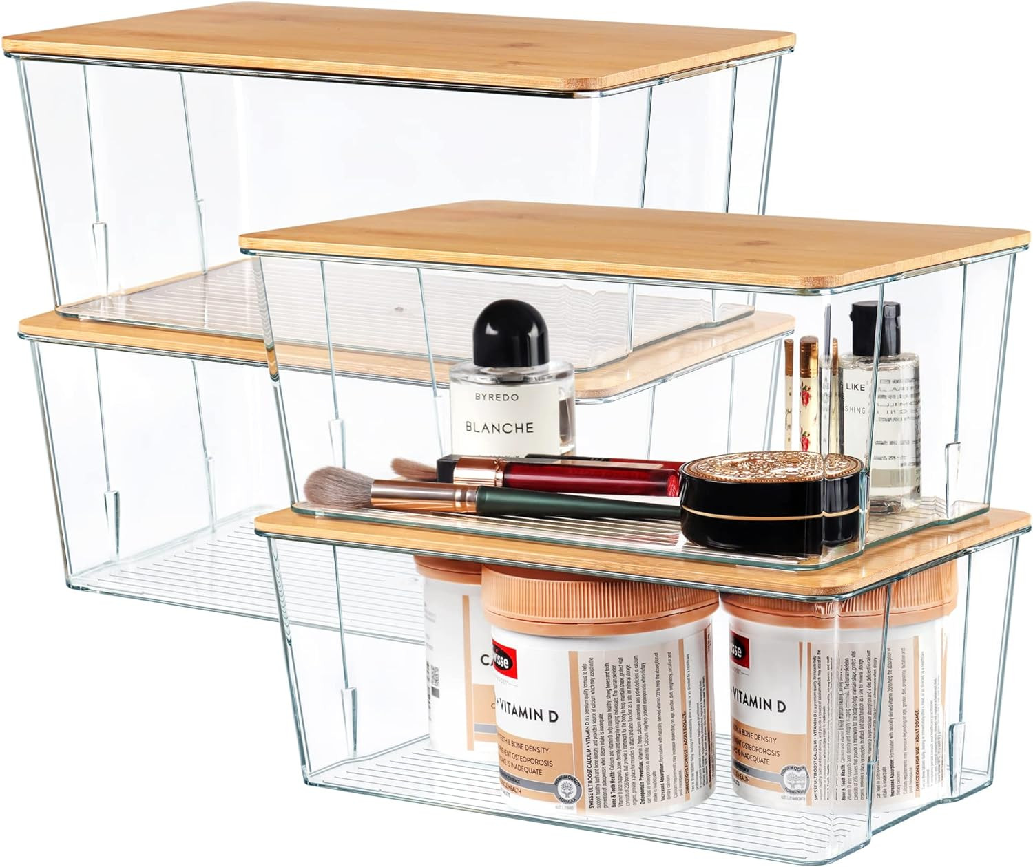 4 Pack Clear Plastic Storage Bins with Bamboo Lids, Stackable Storage Containers