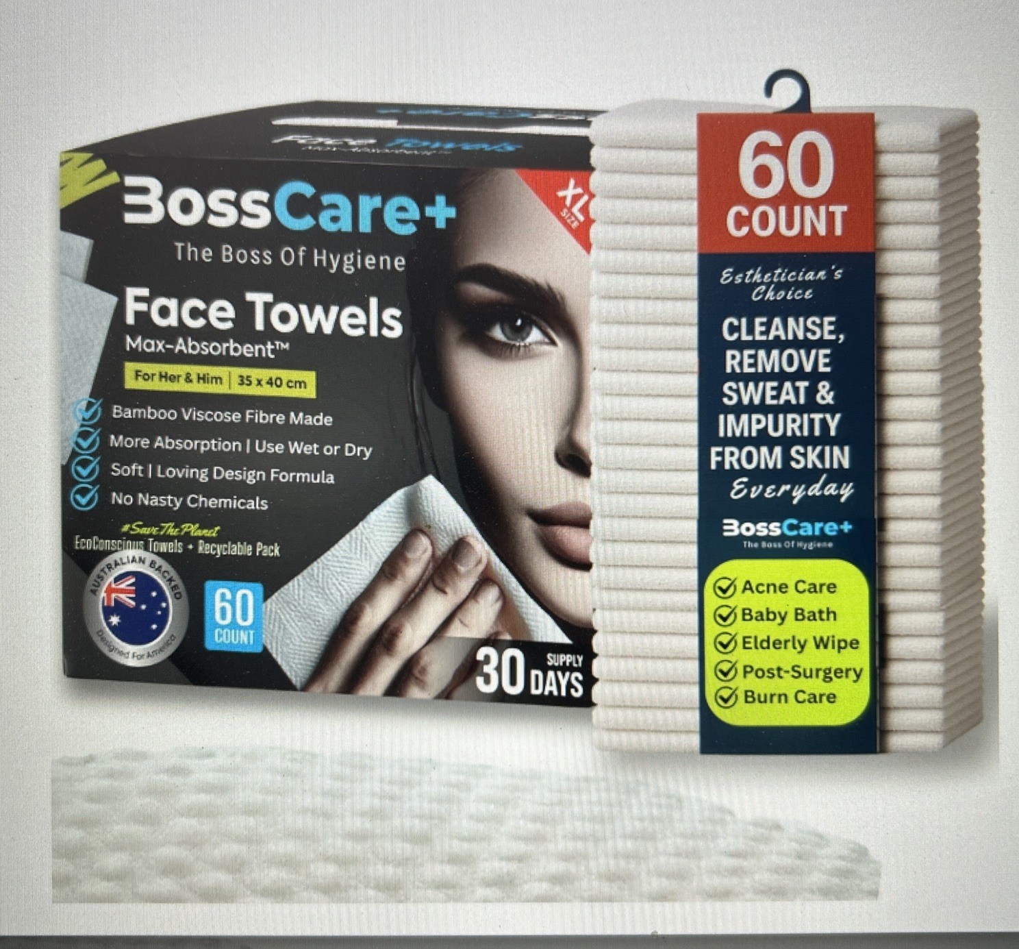 BossCare+ face towels 60 count extra-large soft Bamboo hypoallergenic