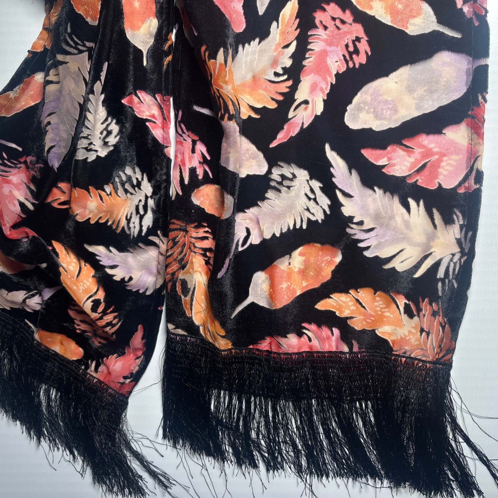 Burnout Velvet Feathers Fringed Scarf Handmade Boho