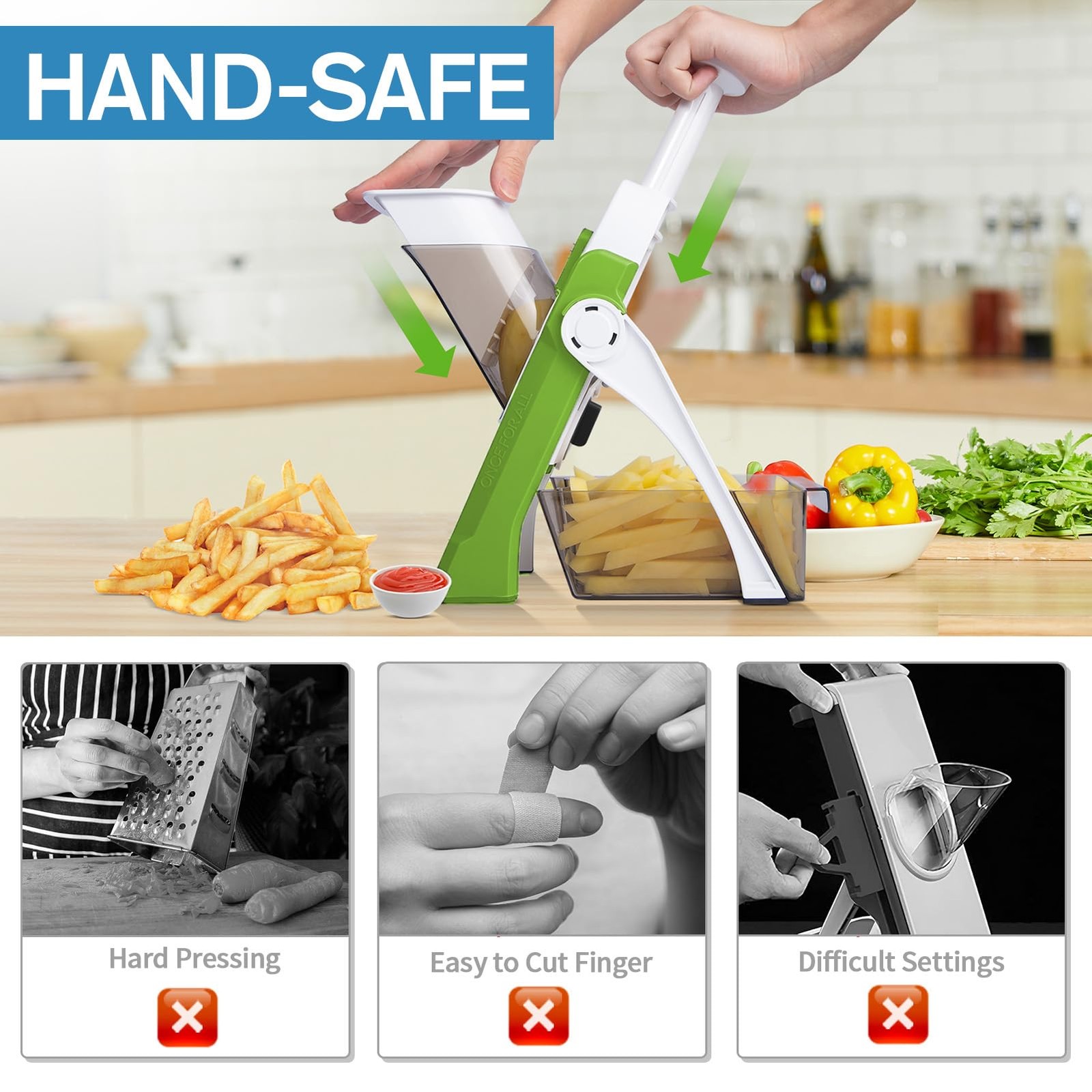 [5 in 1] Mandoline Slicer for Kitchen & Safe Vegetable Chopper & Adjustable M...