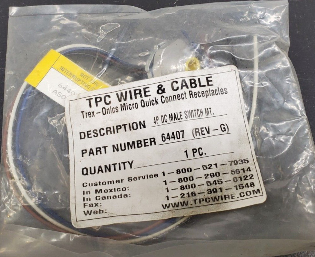(1) New - TPC Wire & Cable - 64407 (Rev G), Quick Connect Receptacle , DC Male