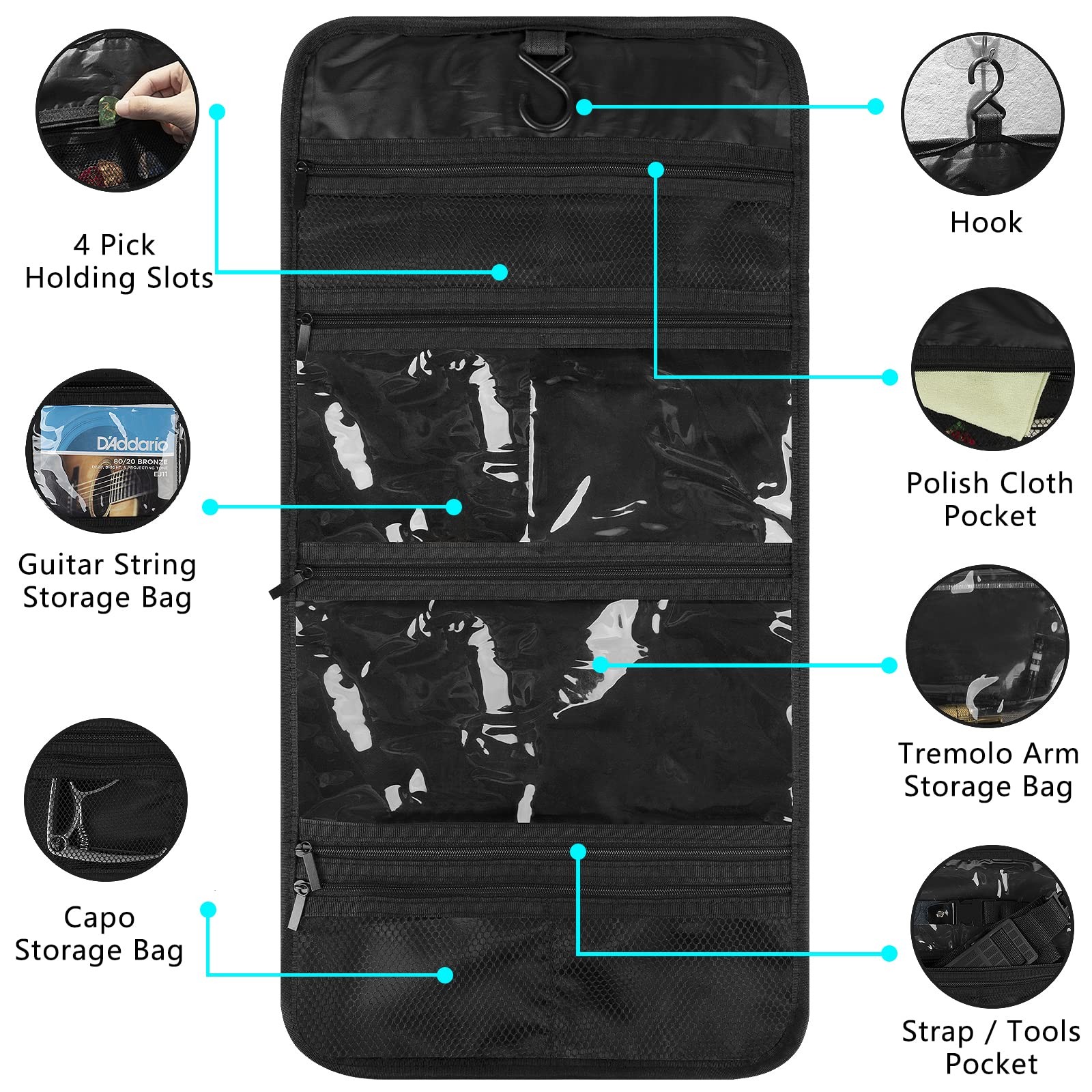 Musiin Guitar Accessory Organizer Bag, Foldable Easy Access Black, Black