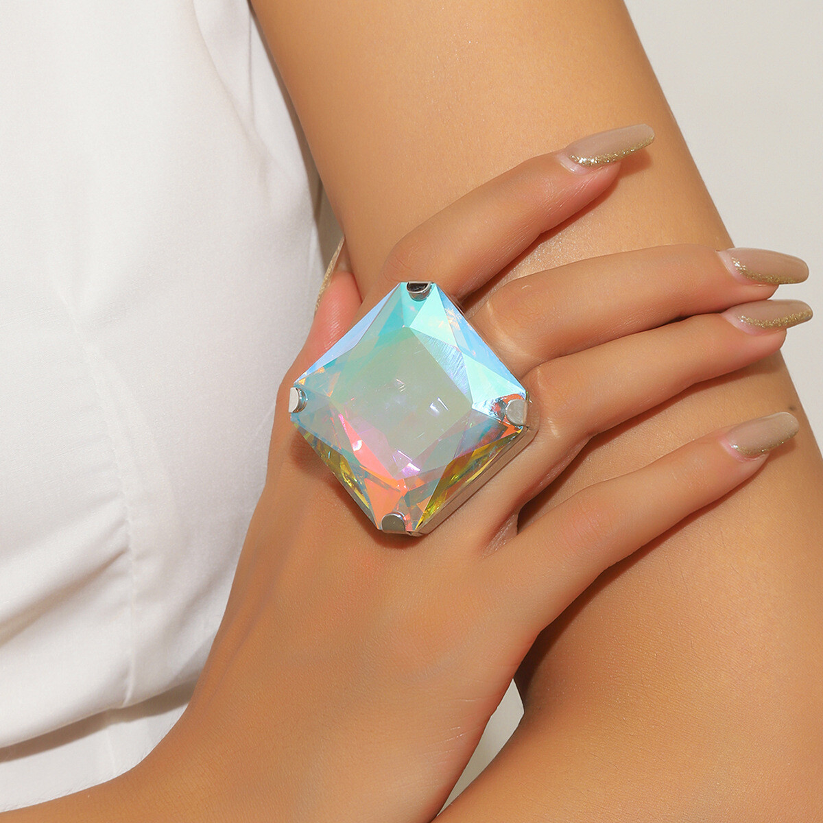 Open Square Metal Ring Fashion Crystal Adjustable Statement Minimalist Jewelry