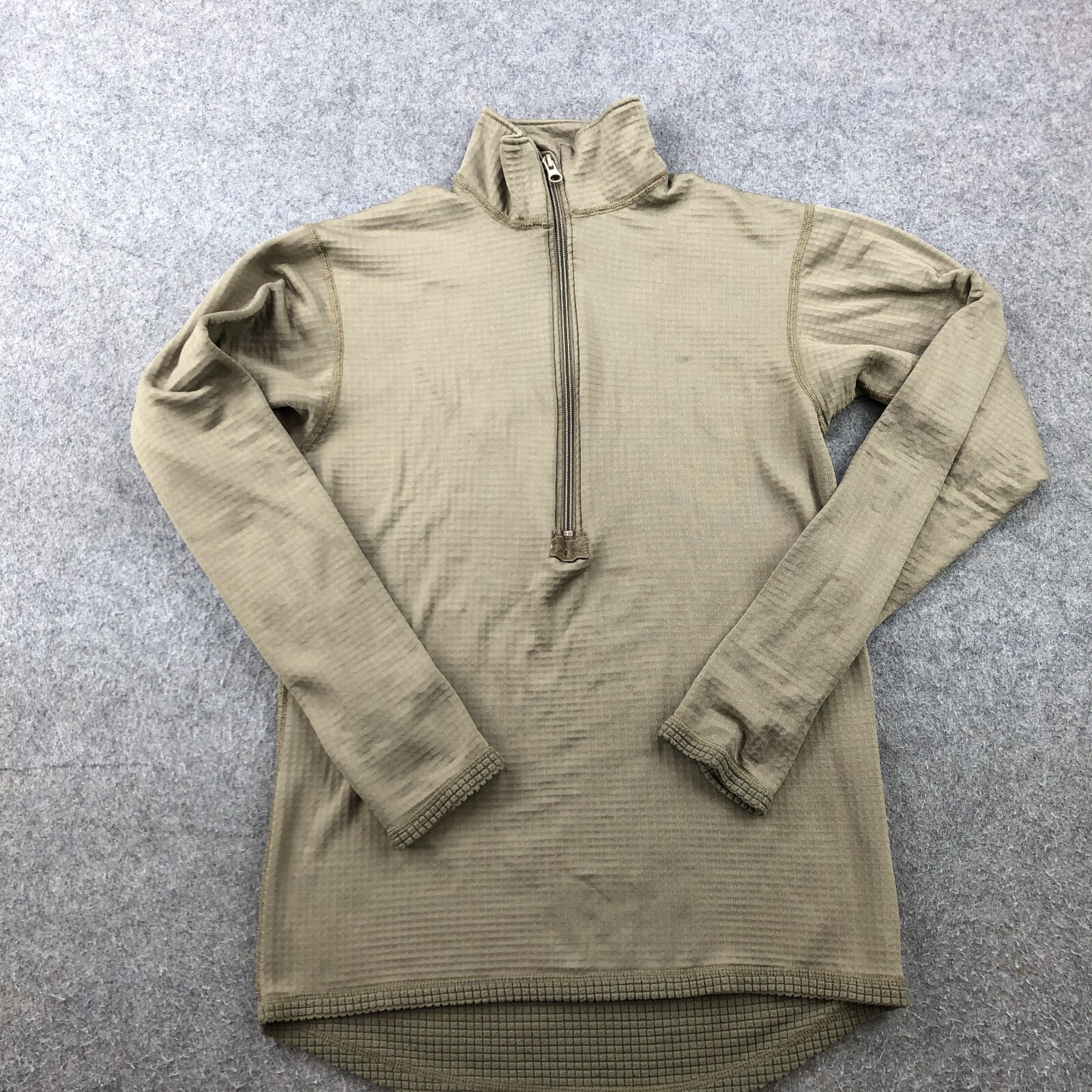 US Military Sweater Small Long Beige 1/2 Zip Waffle Knit Base Layer Fleece