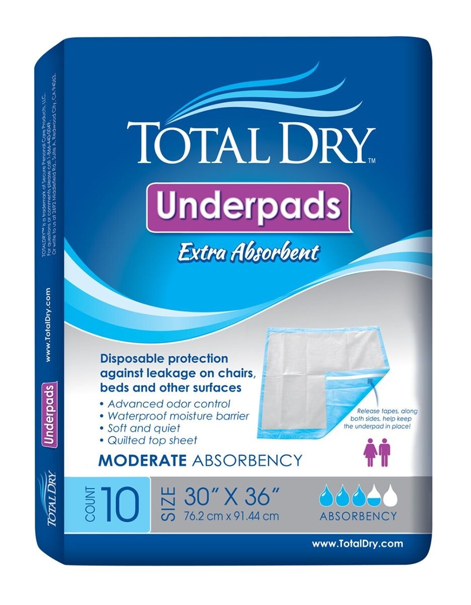 Underpad TotalDry 30 X 36 Inch Disposable Fluff Polymer Heavy Absorbency BG/10