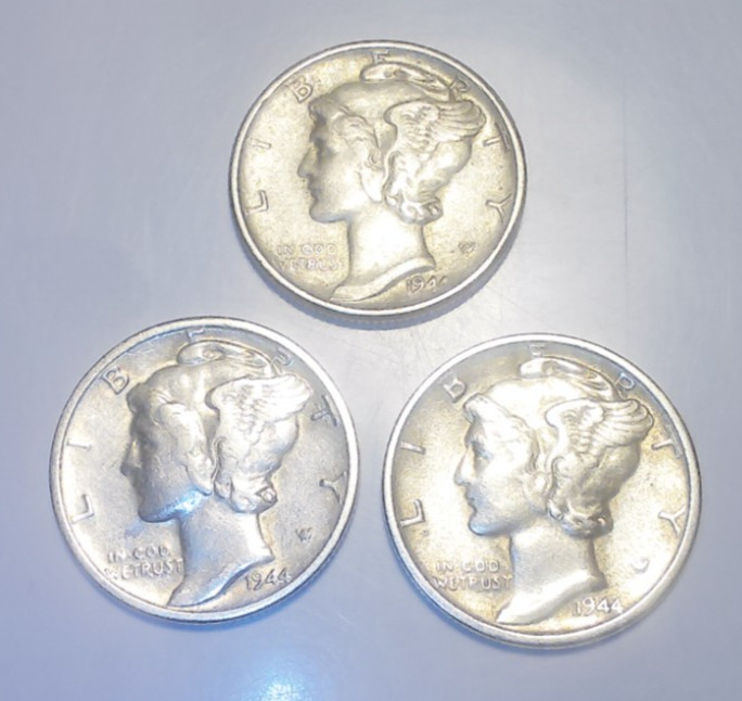 Mercury Dimes: 1944 Philadelphia Denver and San Francisco --3 Coins-- (10B-211)