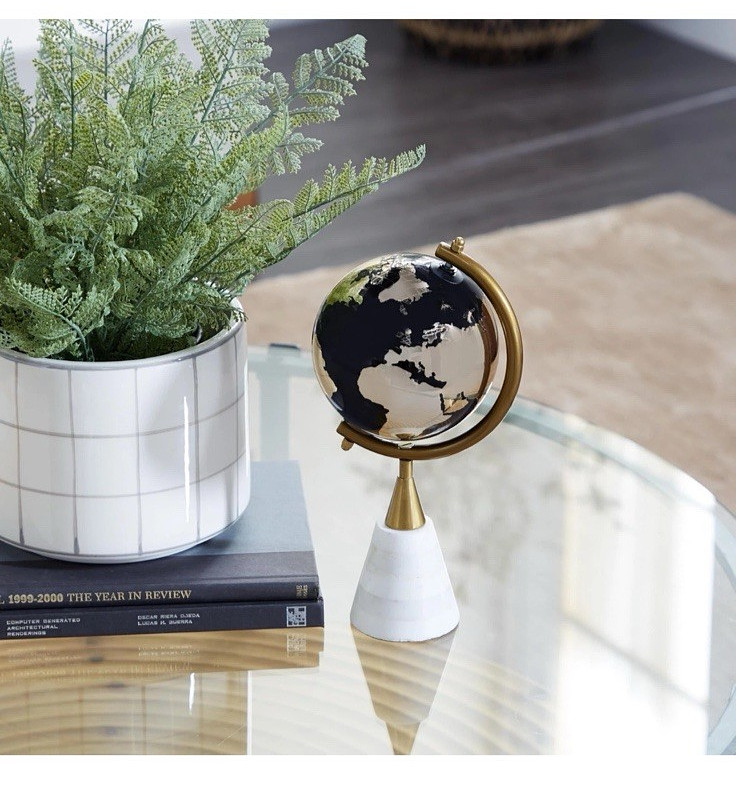 Ceramic Black and Gold Globe with White Marble Base, 5" x 5" x 11",  NIB