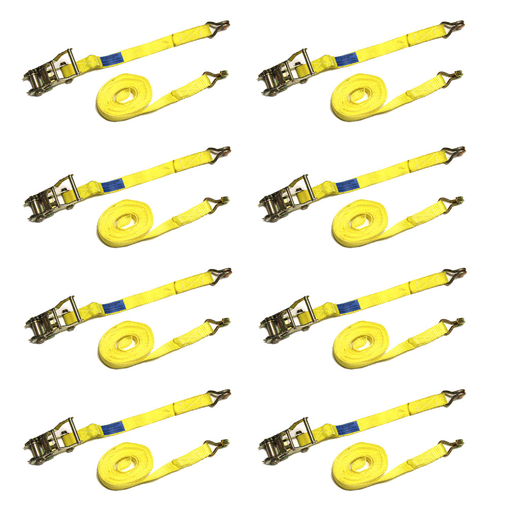 8 Pack 1" x 15' Ratchet Tie Down Straps Wire J Hooks 1000 lb WLL Yellow