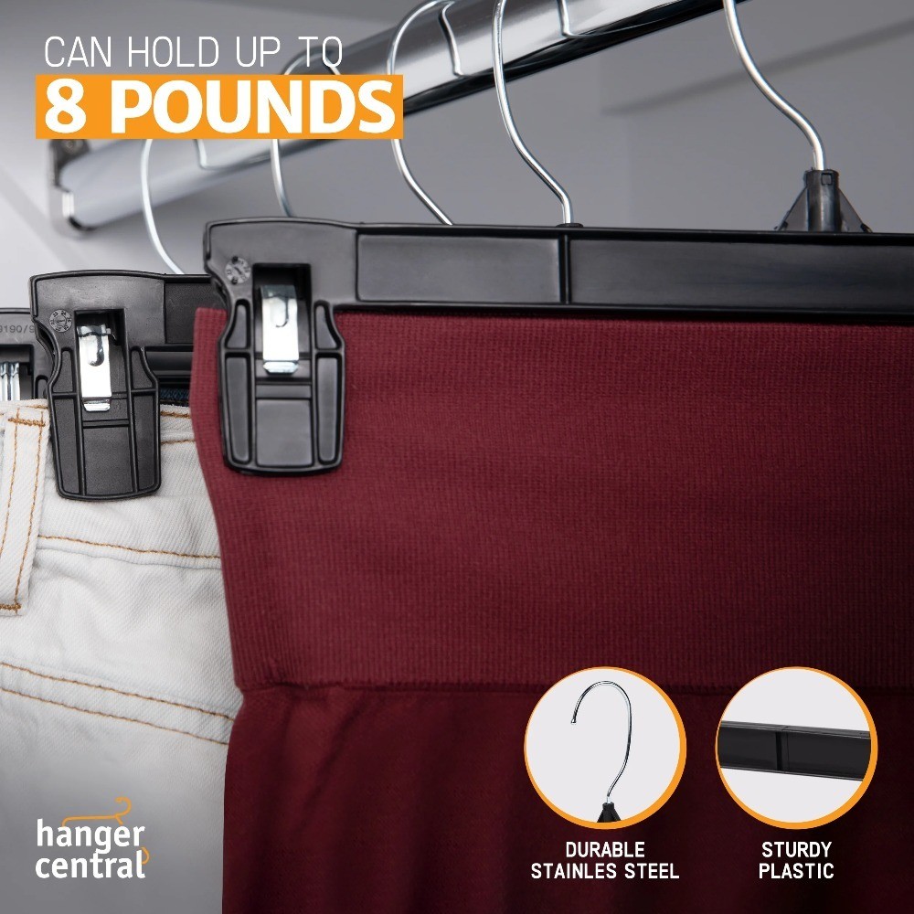 Plastic Pants Hangers 12 Inch Black with Extra Long Clips 25 Pack