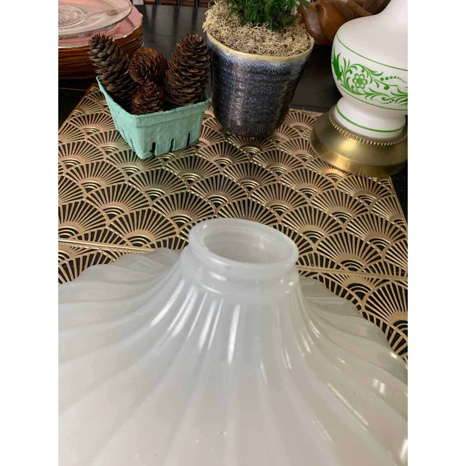 Antique opalescent milk glass hanging pendant lamp shade ribbed 10"
