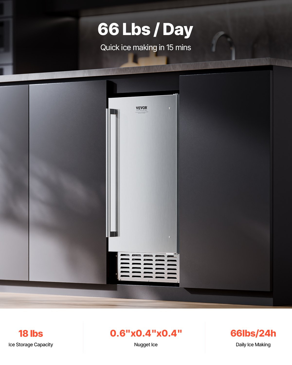 66LB/Day Built-In Nugget Ice Maker Under Counter Stainless Steel Reversible