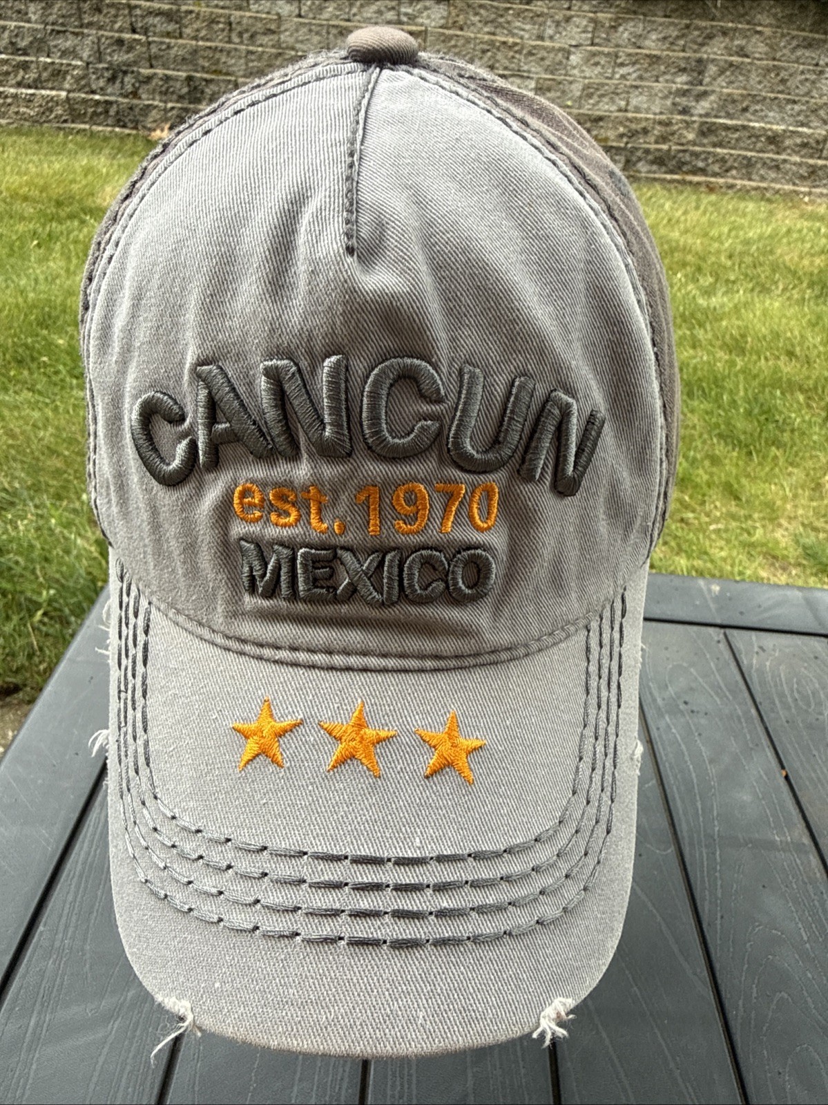 CANCUN Mexico Est 1970 Lite Dark Gray & Orange Hat Cap Distressed Hook Loop