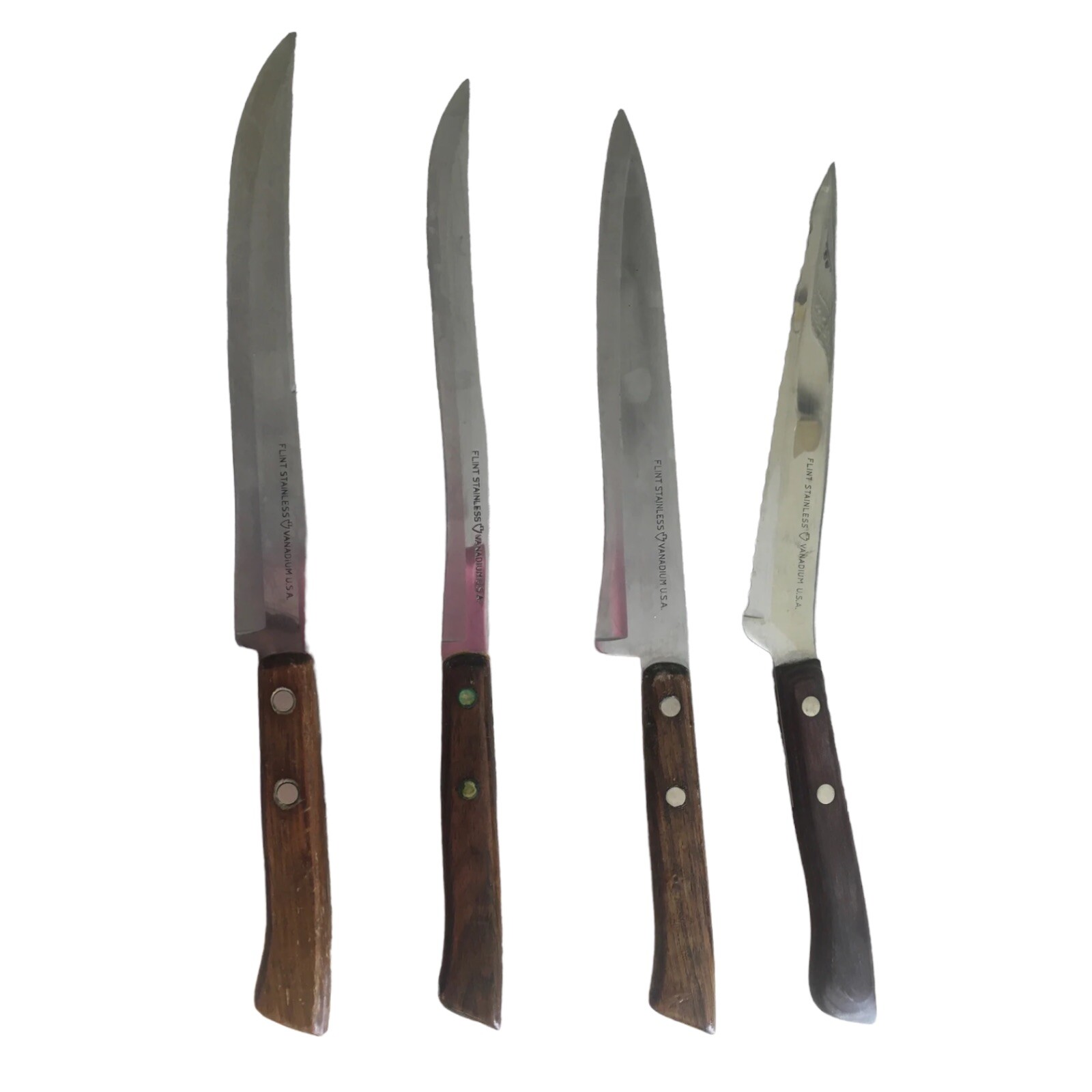 Lot of 4 Flint Stainless Vanadium Kitchen Knives Wooden Handles Serrated