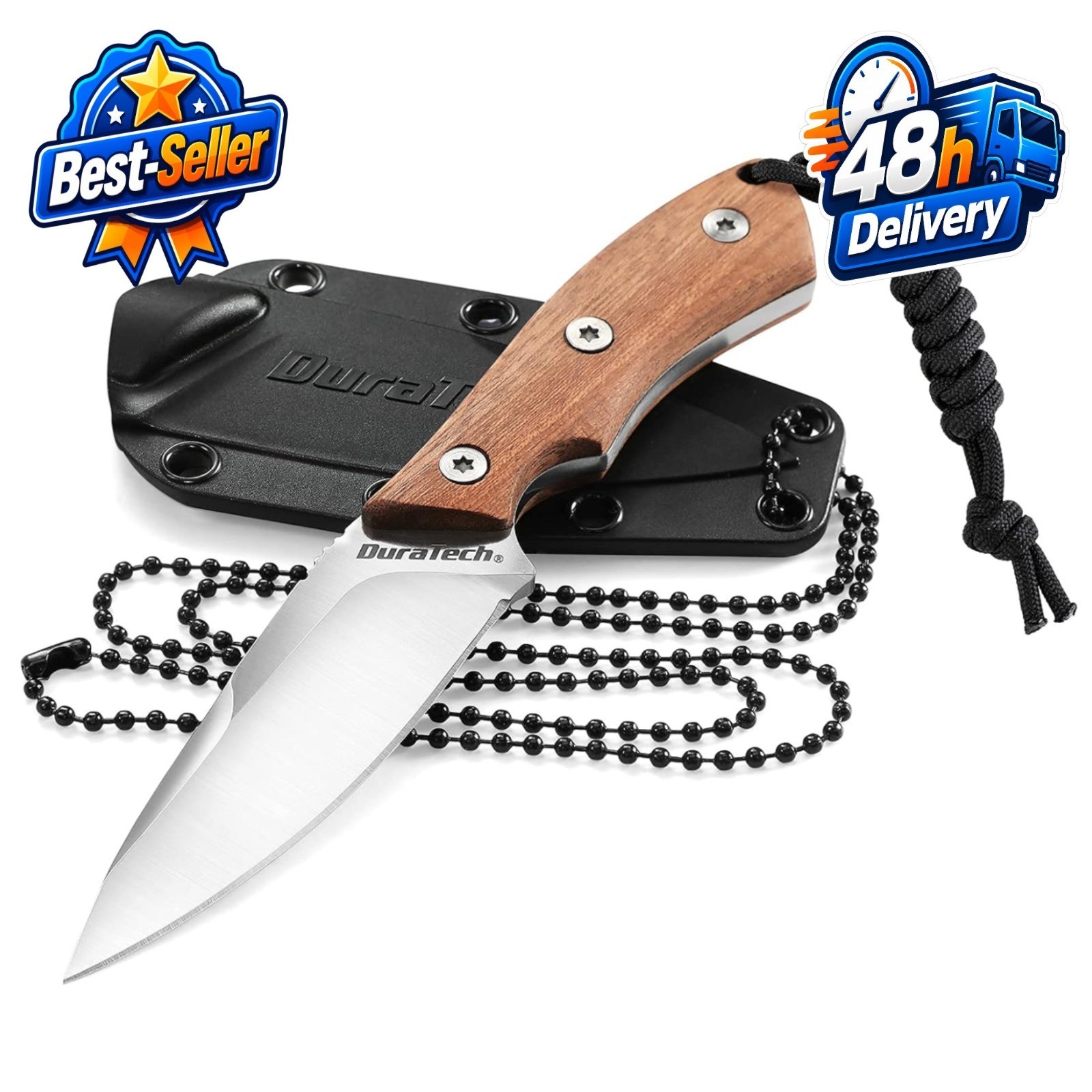 DURATECH 6-Inch Fixed Blade Neck Knife with Wood Handle & Sheath