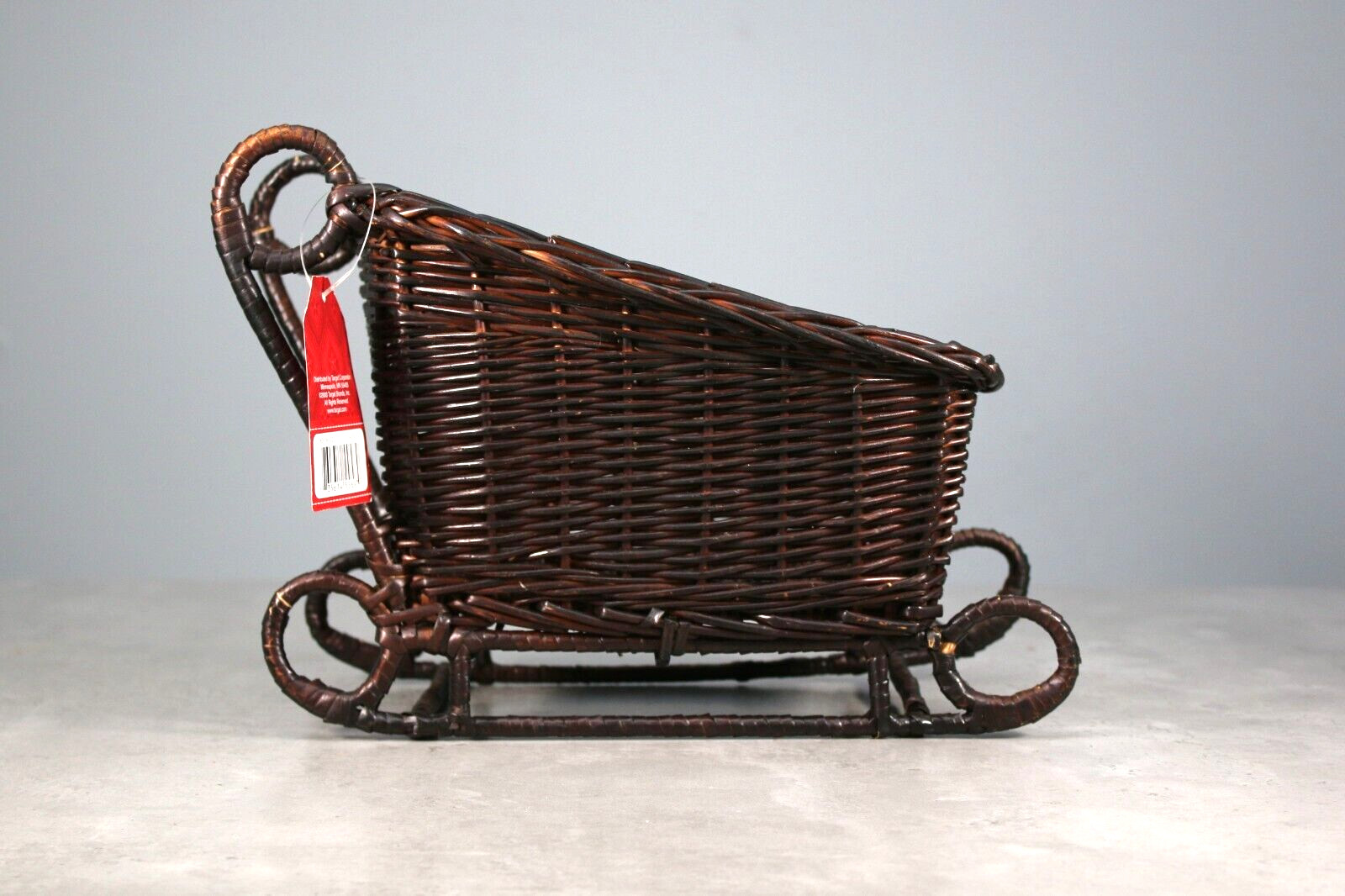 Wicker Sleigh Basket Vintage 2003 with Original Tag Dark Brown 12” x 9” x 7”