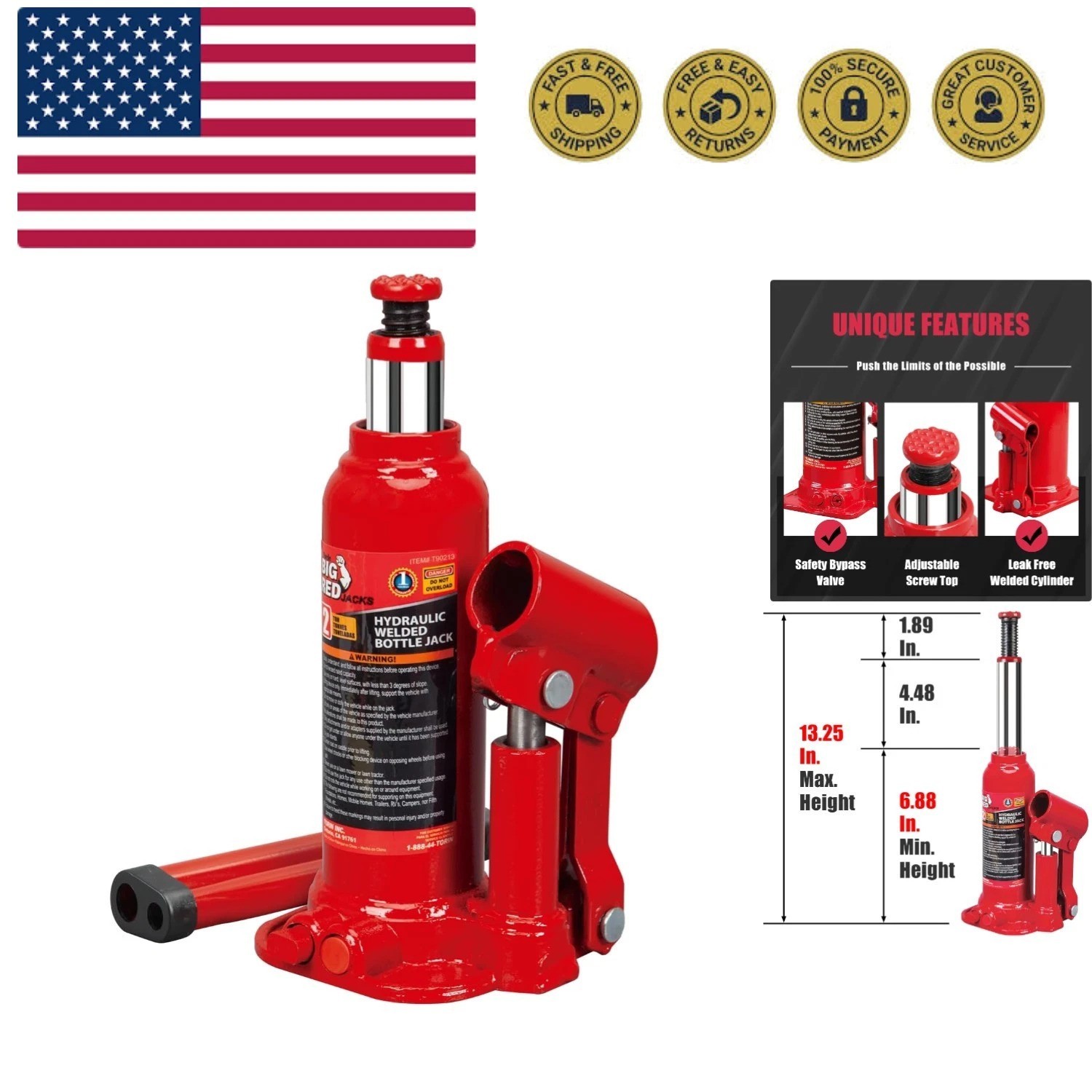 T90203B Hydraulic Welded Bottle Jack, 2 Ton 4,000 lb Capacity, Red