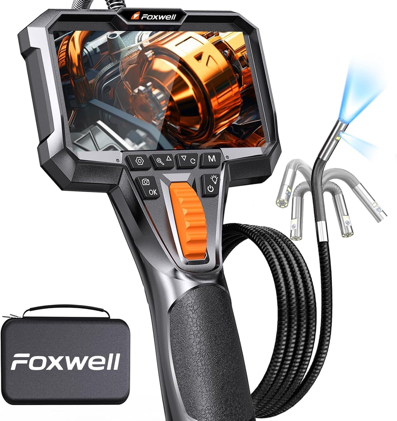 2-Way Articulating 5.3' Dual-Lens Endoscope, Light, IP67, 1080p 4.3" IPS Display