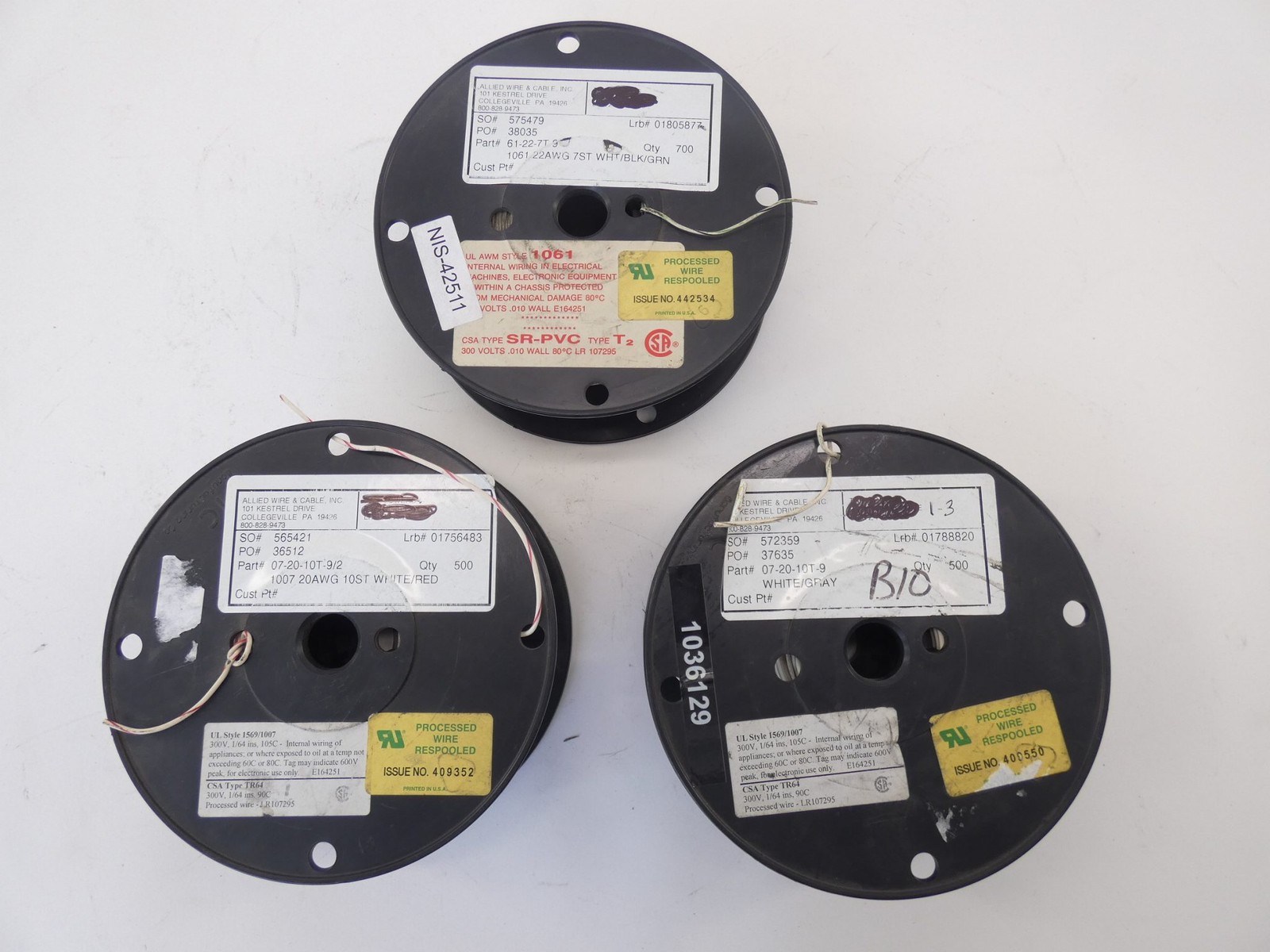*Lot of 3* Allied Wire & Cable Wire Spool Reels 61-22-7T-9, 07-20-10T-9/2, 07...