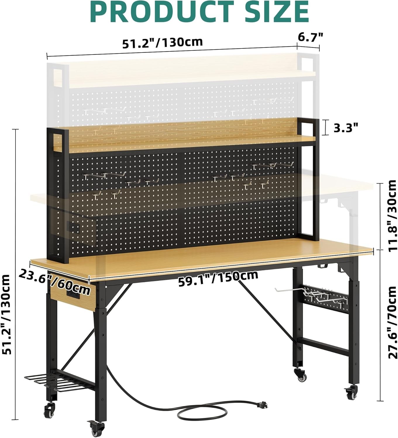 Rolling Workbench Adjustable Garage Table with Pegboard