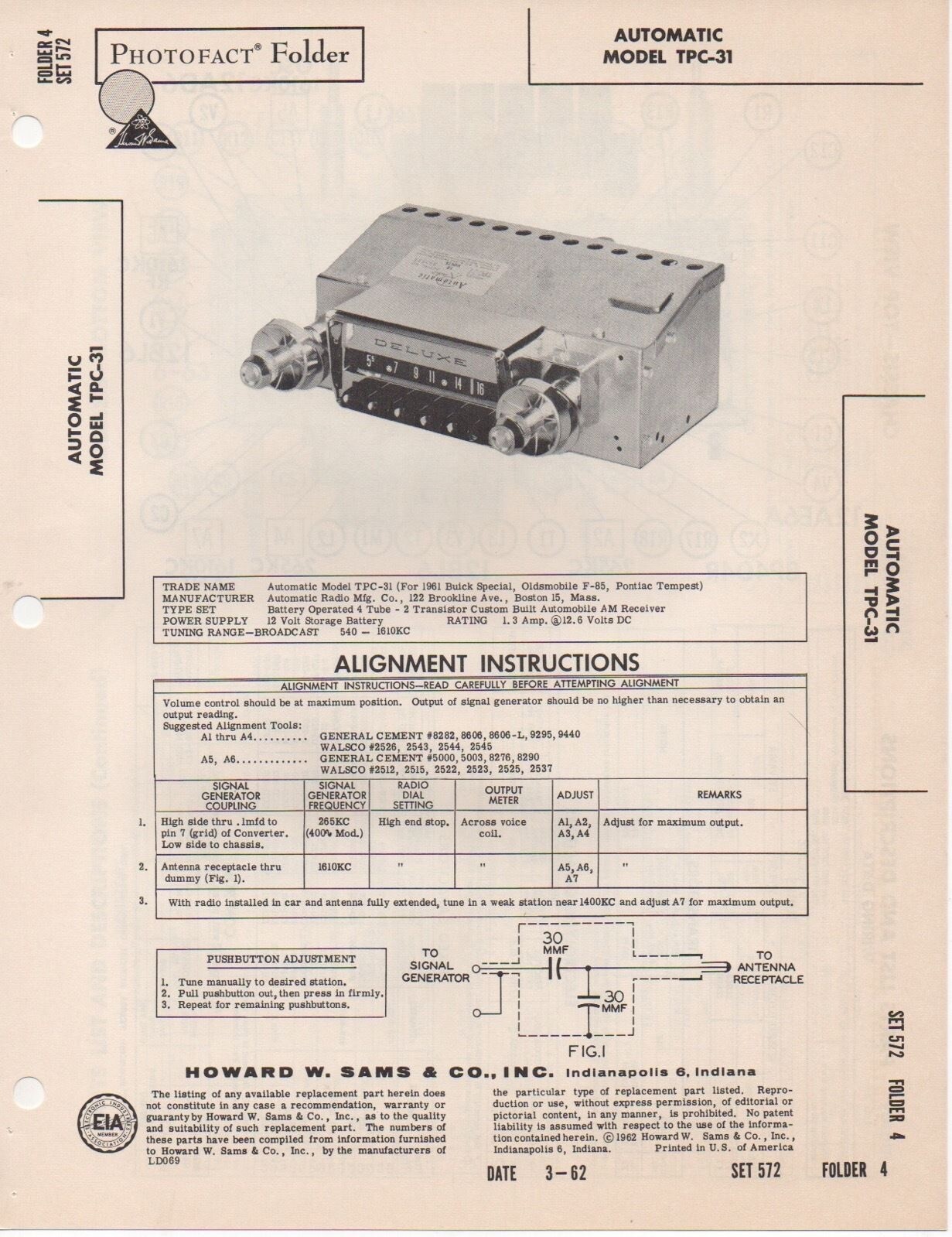 1962 AUTOMATIC TPC-31 RADIO SERVICE MANUAL PHOTOFACT 1961 BUICK PONTIAC OLDS ++